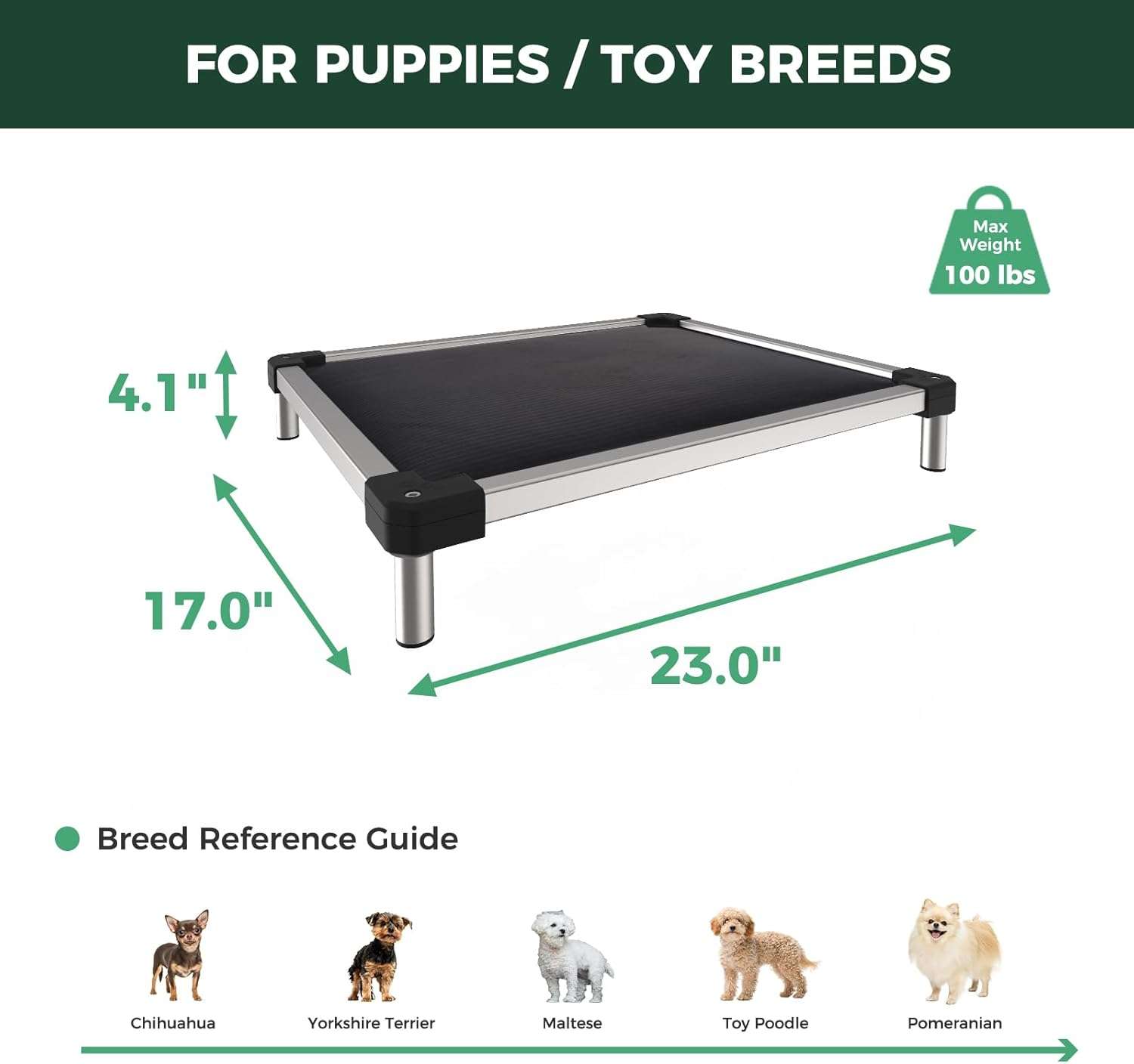 Cama elevada indestructible para perros (soporta 113 kg). Marco de aluminio, bordes a prueba de masticación y rápido montaje.