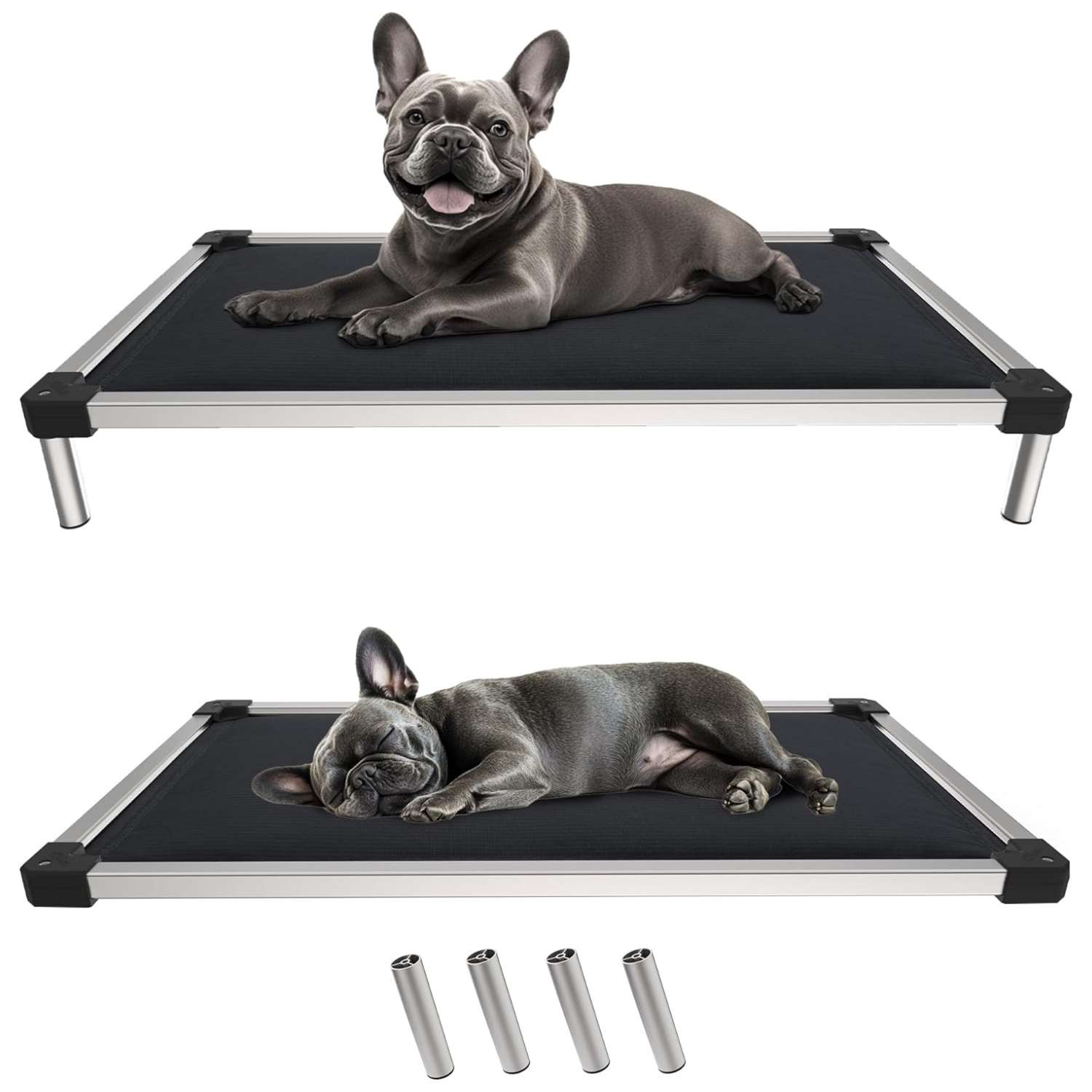 Cama elevada indestructible para perros (soporta 113 kg). Marco de aluminio, bordes a prueba de masticación y rápido montaje.