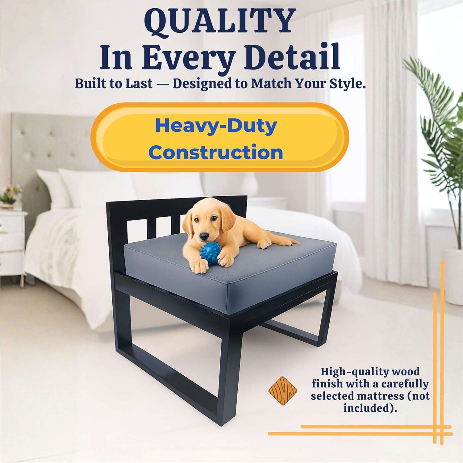 Cama elevada de madera para perro. Diseño de extensión lateral de cama (co-sleeping) que mantiene a la mascota fresca y al lado del dueño.