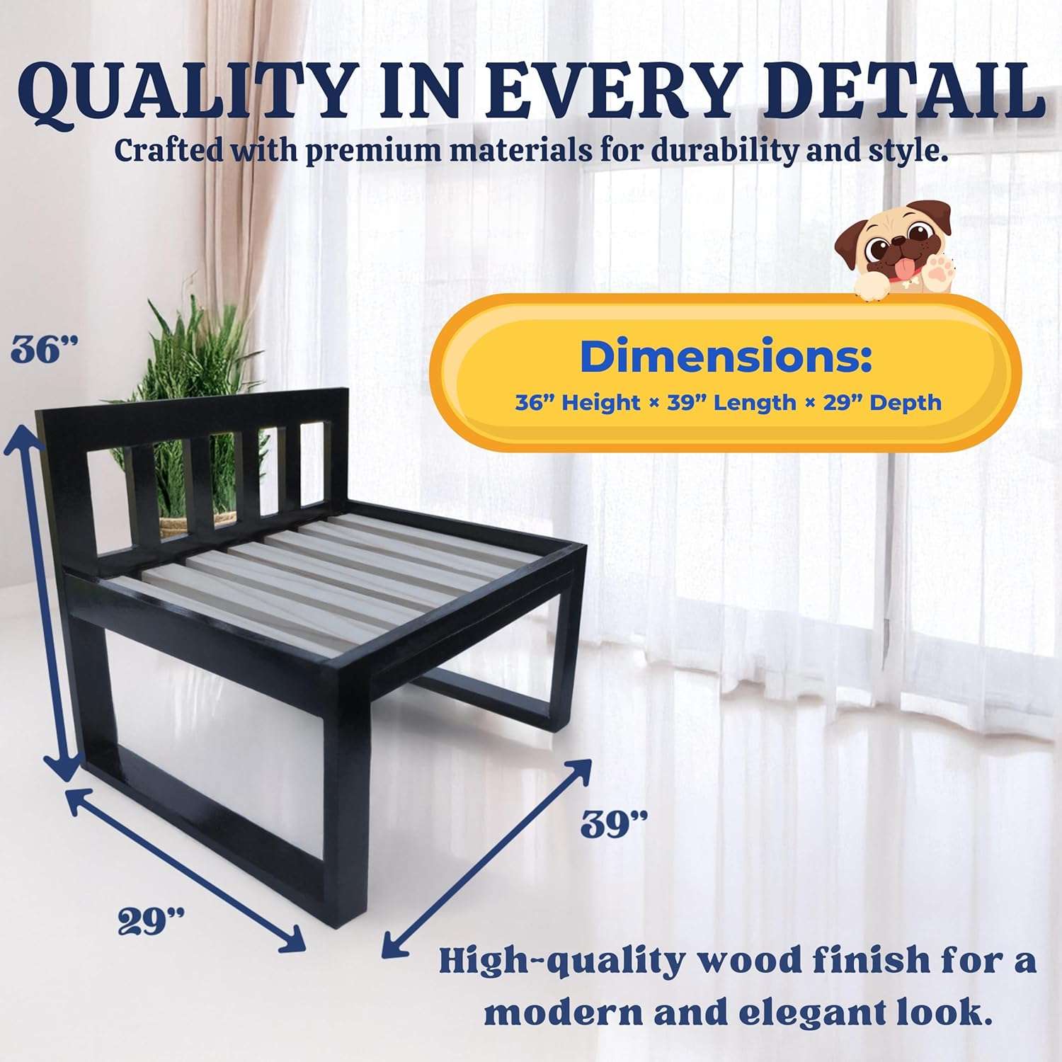 Cama elevada de madera para perro. Diseño de extensión lateral de cama (co-sleeping) que mantiene a la mascota fresca y al lado del dueño.
