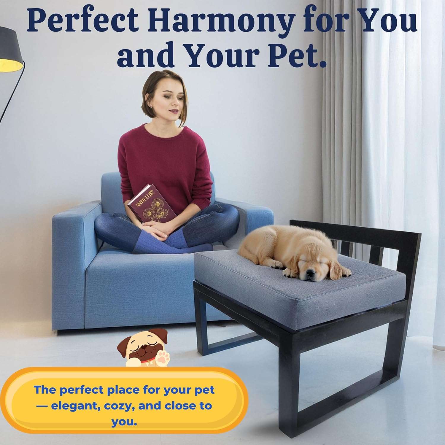 Cama elevada de madera para perro. Diseño de extensión lateral de cama (co-sleeping) que mantiene a la mascota fresca y al lado del dueño.