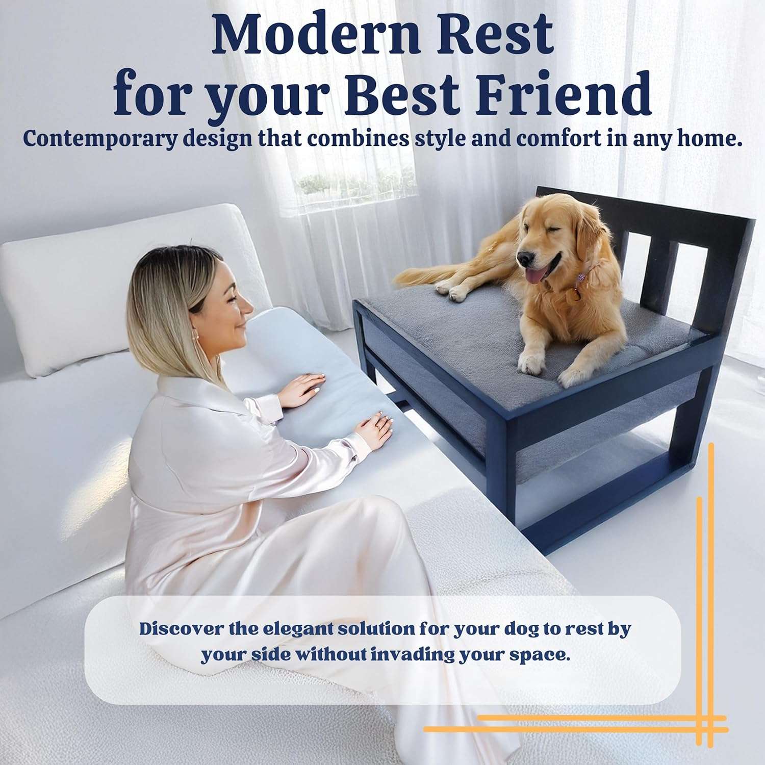 Cama elevada de madera para perro. Diseño de extensión lateral de cama (co-sleeping) que mantiene a la mascota fresca y al lado del dueño.