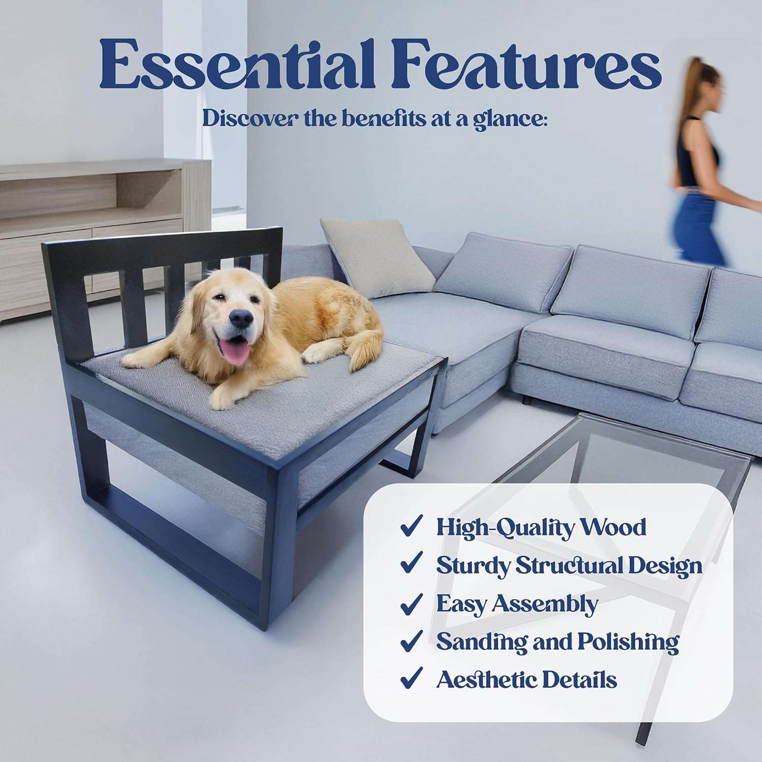 Cama elevada de madera para perro. Diseño de extensión lateral de cama (co-sleeping) que mantiene a la mascota fresca y al lado del dueño.