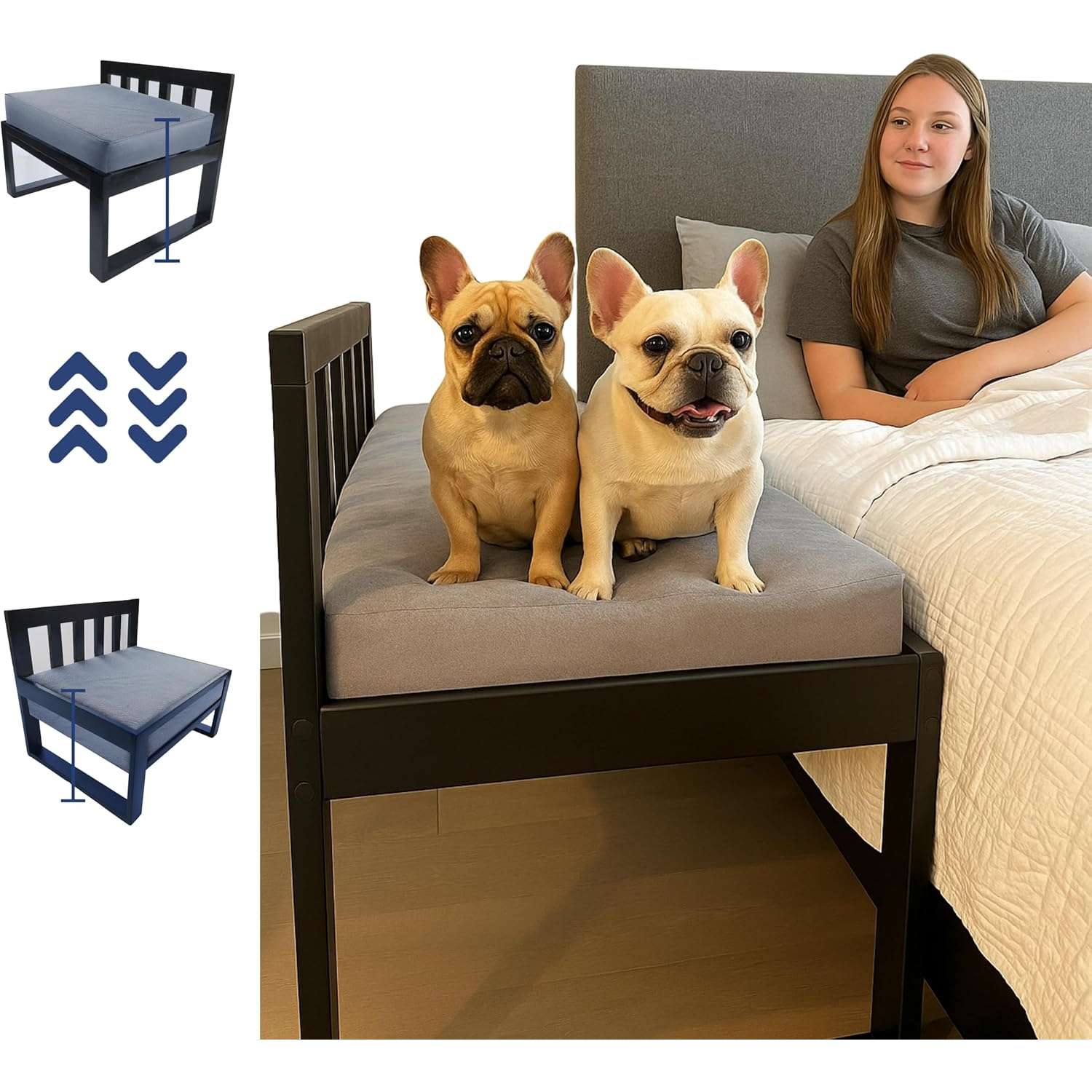 Cama elevada de madera para perro. Diseño de extensión lateral de cama (co-sleeping) que mantiene a la mascota fresca y al lado del dueño.