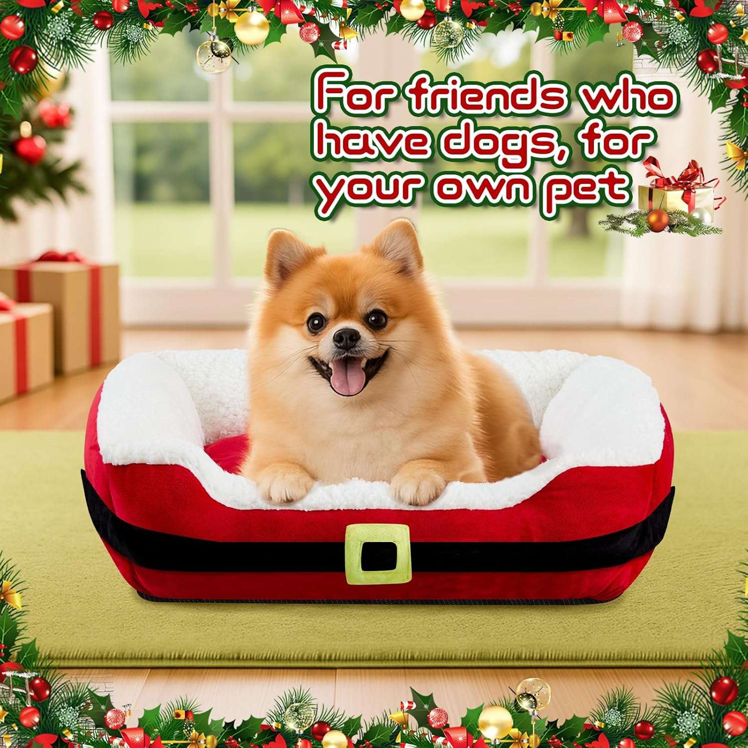 Cama navideña no desmontable (66x51 cm) con diseño Cinturón de Santa. Ofrece soporte para la columna vertebral y bordes elevados. Ideal para mascotas de hasta 14 kg.