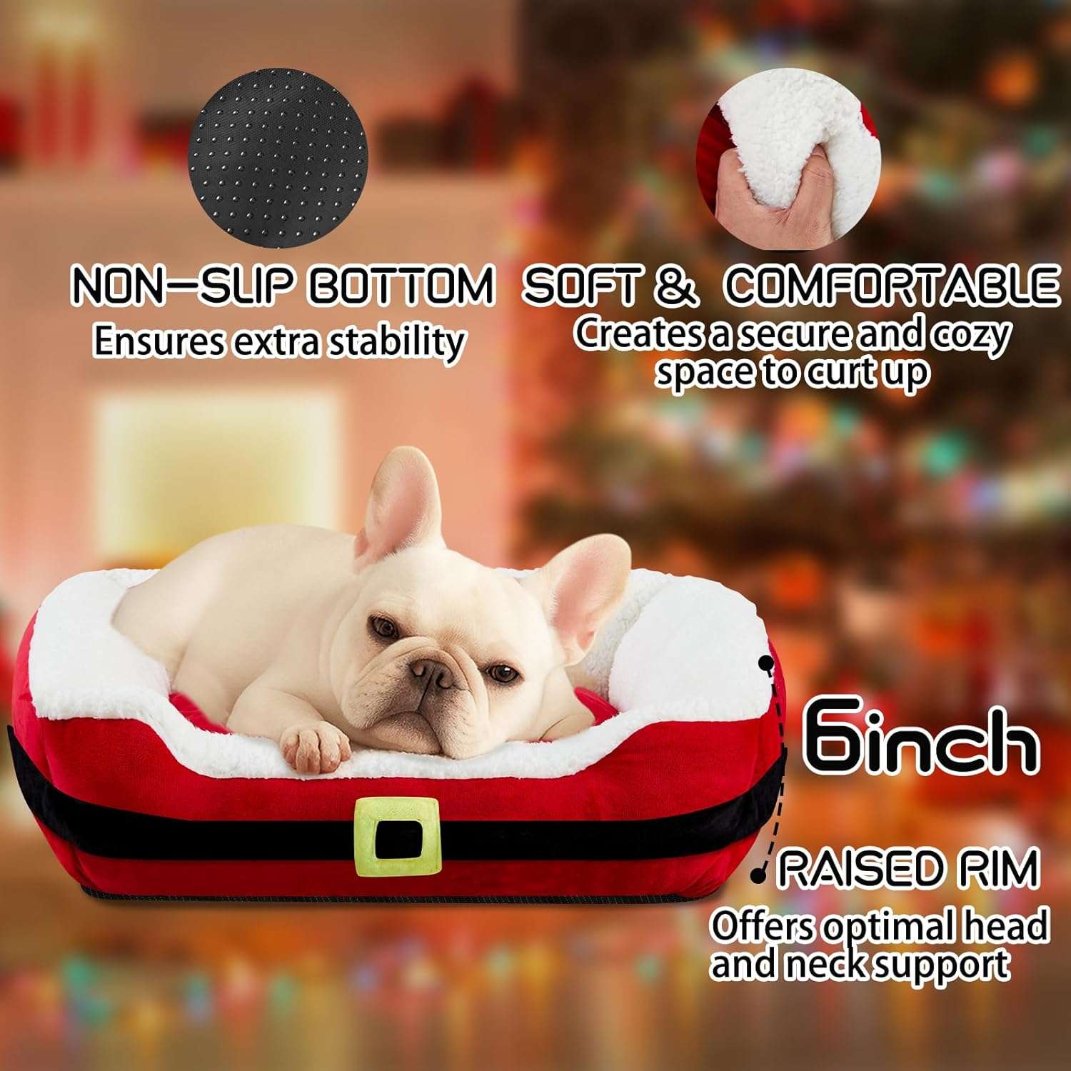 Cama navideña no desmontable (66x51 cm) con diseño Cinturón de Santa. Ofrece soporte para la columna vertebral y bordes elevados. Ideal para mascotas de hasta 14 kg.