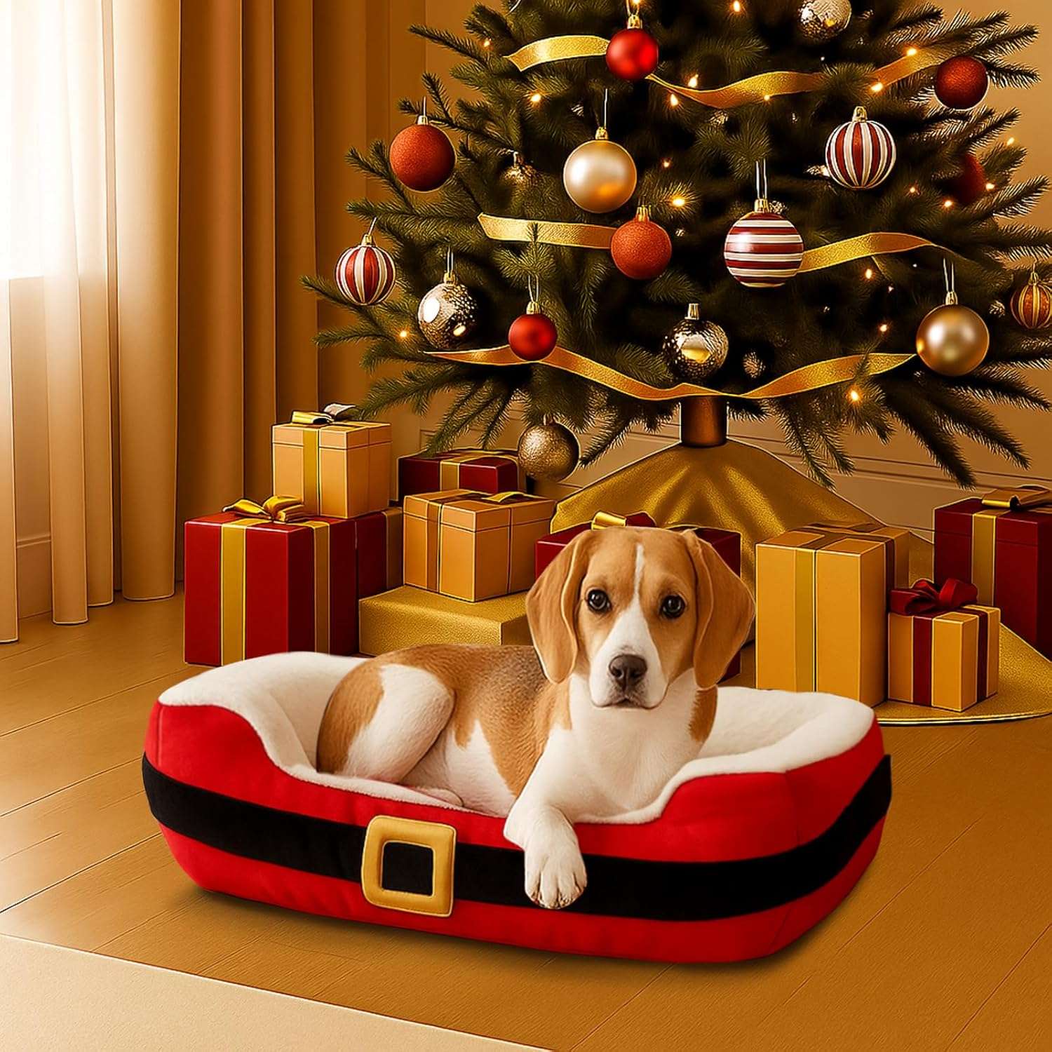 Cama navideña no desmontable (66x51 cm) con diseño Cinturón de Santa. Ofrece soporte para la columna vertebral y bordes elevados. Ideal para mascotas de hasta 14 kg.
