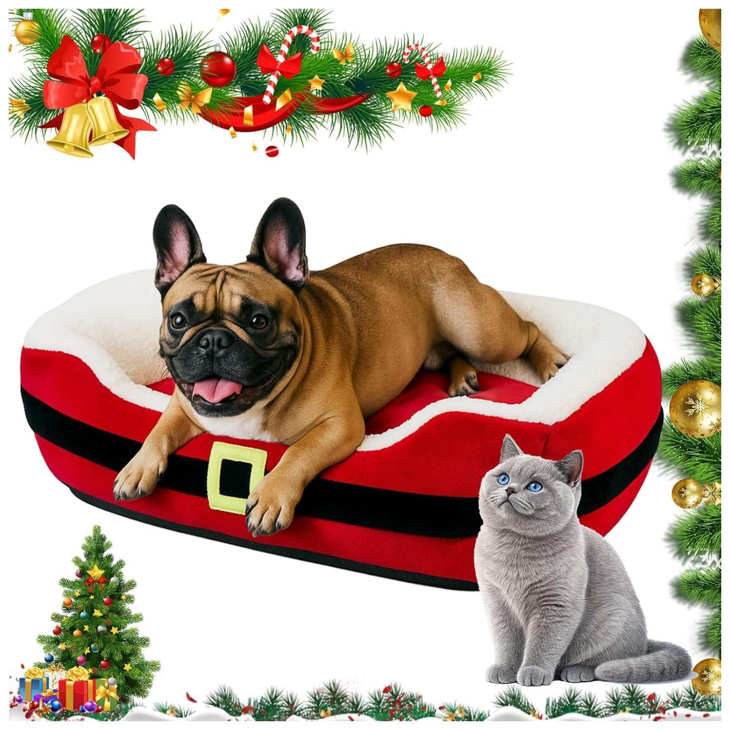 Cama navideña no desmontable (66x51 cm) con diseño Cinturón de Santa. Ofrece soporte para la columna vertebral y bordes elevados. Ideal para mascotas de hasta 14 kg.