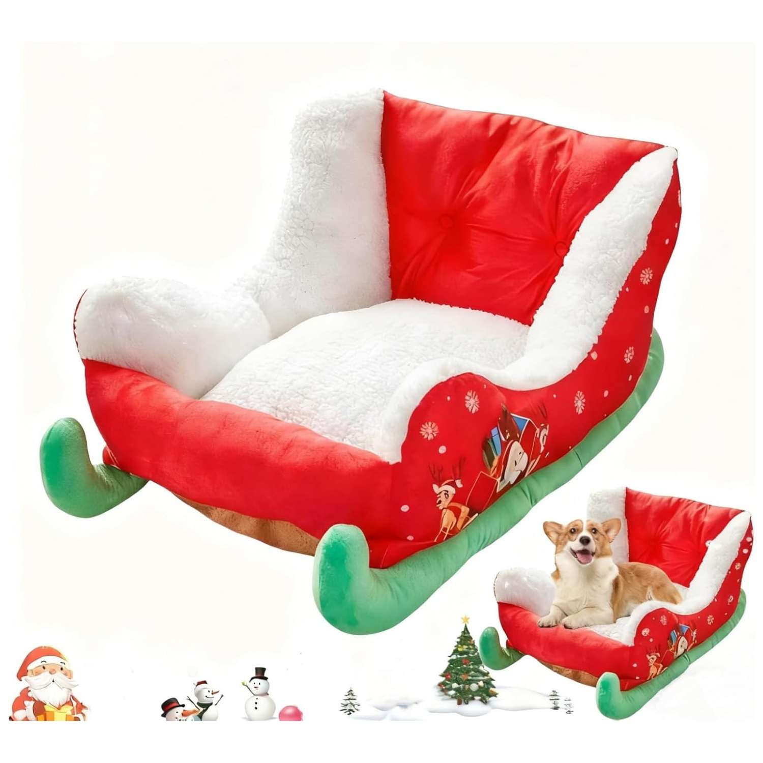 Cama navideña para perros y gatos pequeños. Diseño rojo estilo trineo de 60x38x28 cm con tela de felpa suave y esponja de alta resistencia.