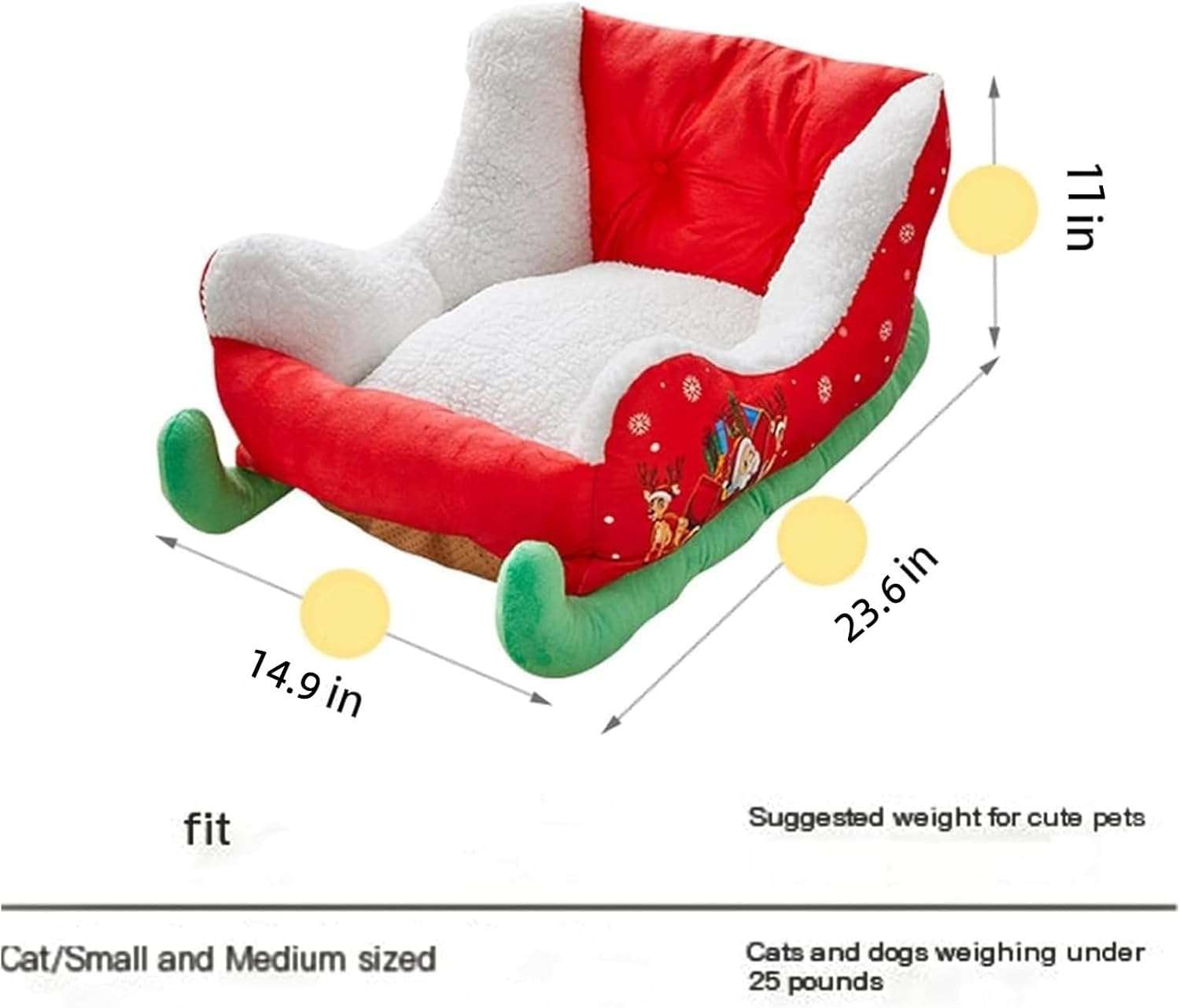 Cama navideña para perros y gatos pequeños. Diseño rojo estilo trineo de 60x38x28 cm con tela de felpa suave y esponja de alta resistencia.