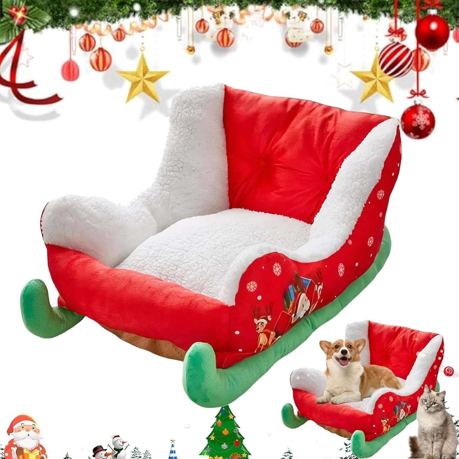 Cama navideña para perros y gatos pequeños. Diseño rojo estilo trineo de 60x38x28 cm con tela de felpa suave y esponja de alta resistencia.