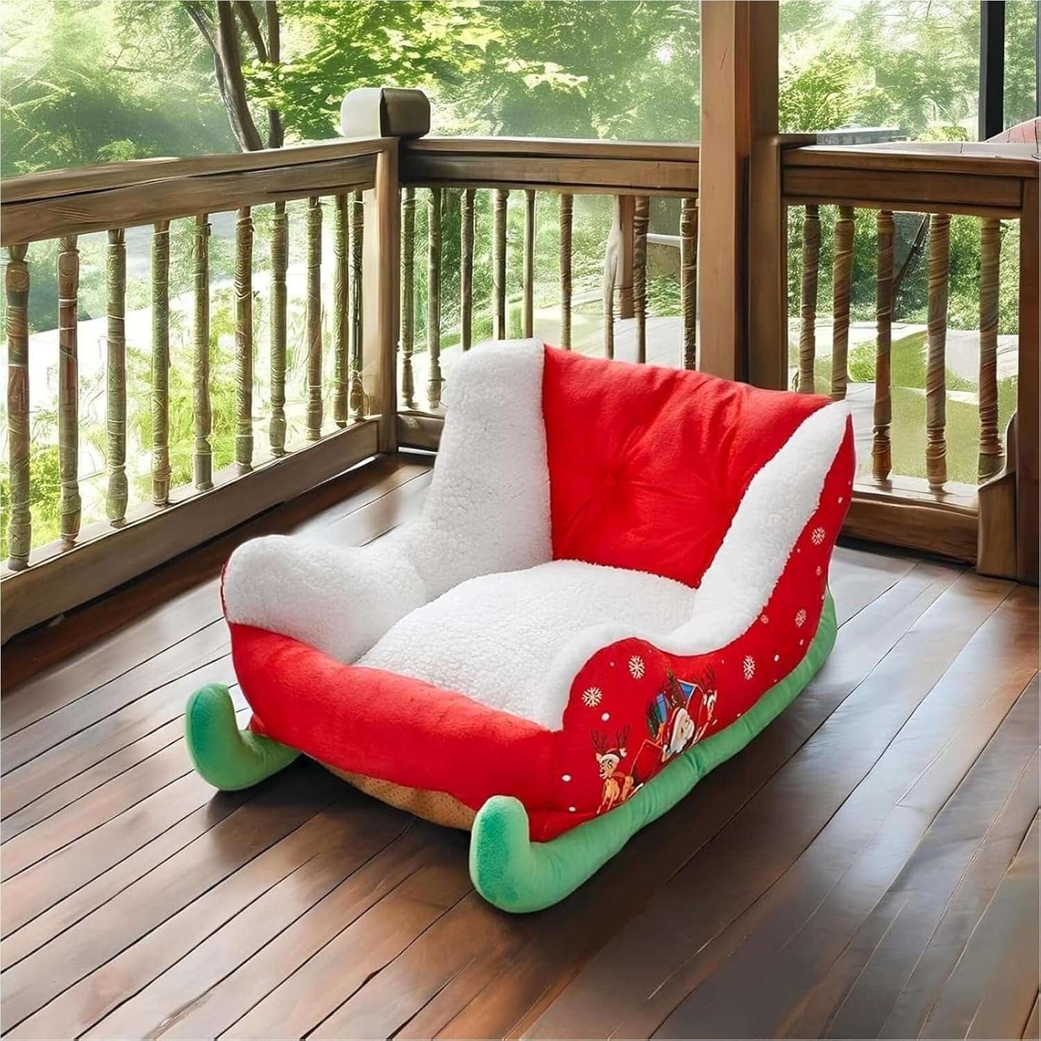 Cama navideña para perros y gatos pequeños. Diseño rojo estilo trineo de 60x38x28 cm con tela de felpa suave y esponja de alta resistencia.