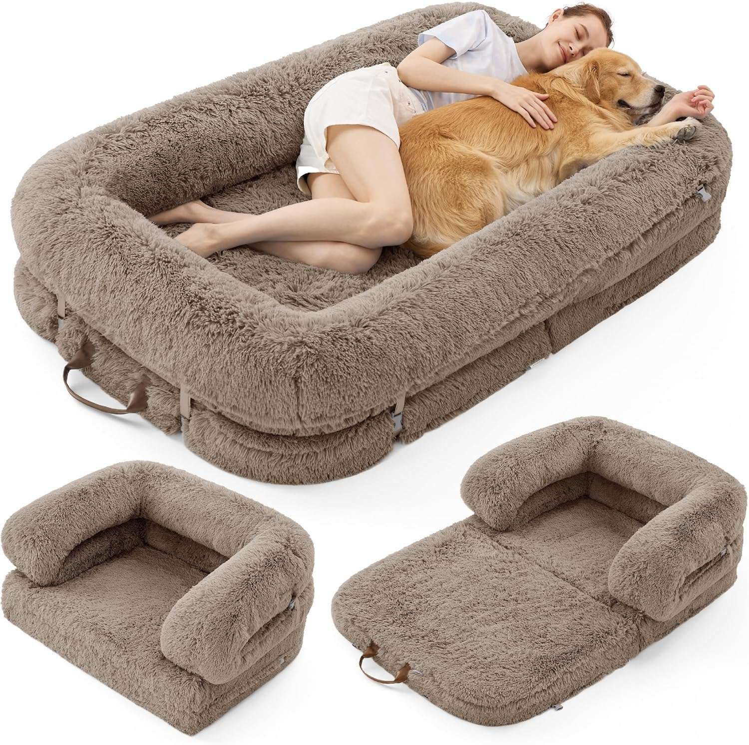 Cama ortopédica plegable 3 en 1 (173x112 cm). Se convierte en sofá, lounge y cama clásica. Uso dual para humanos y perros.