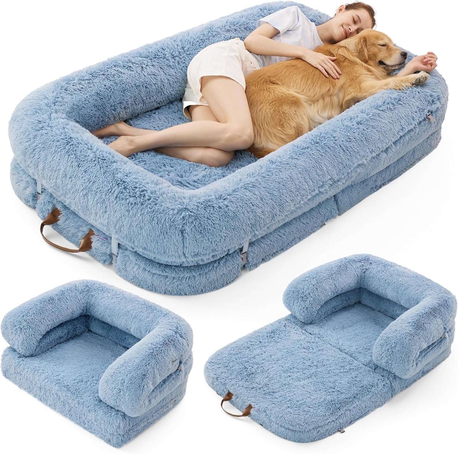 Cama ortopédica plegable 3 en 1 (173x112 cm). Se convierte en sofá, lounge y cama clásica. Uso dual para humanos y perros.