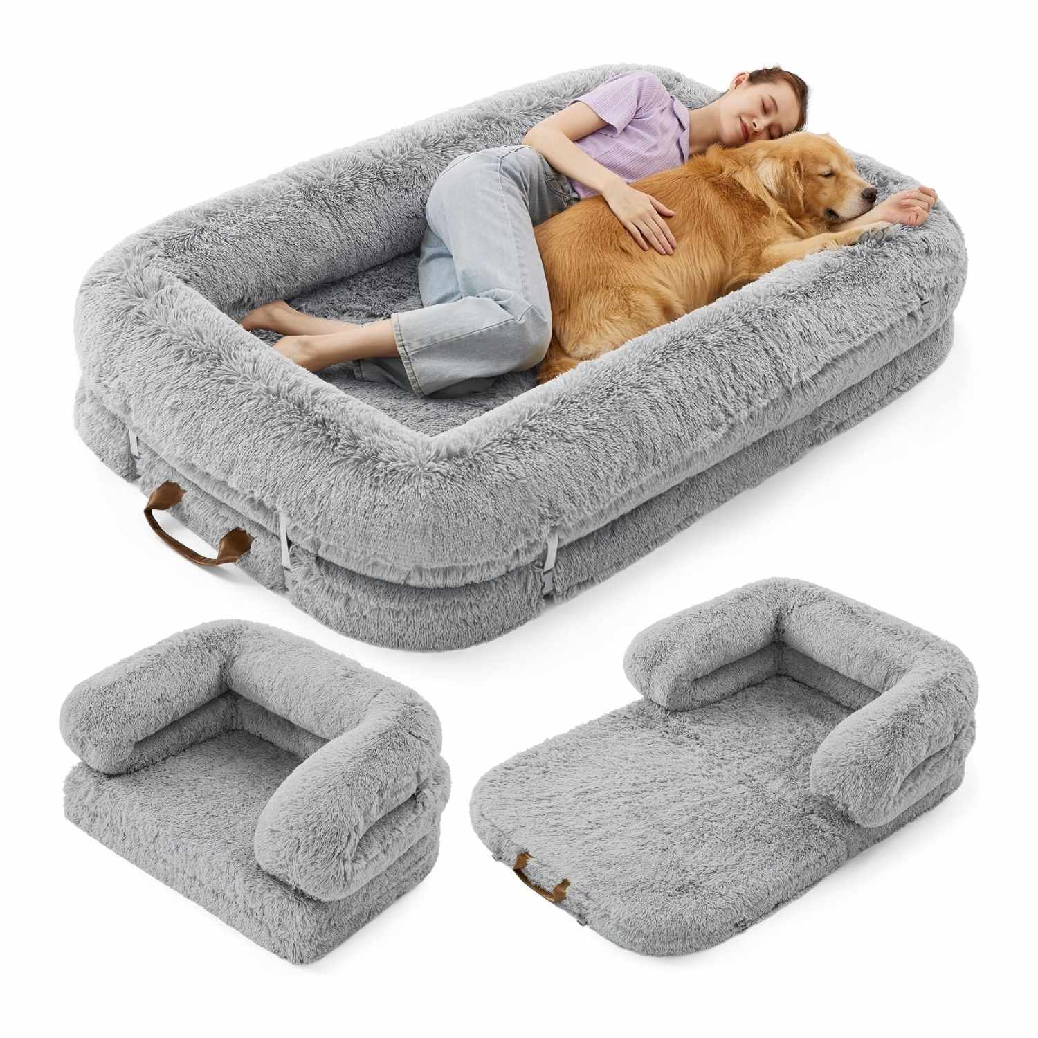 Cama ortopédica plegable 3 en 1 (173x112 cm). Se convierte en sofá, lounge y cama clásica. Uso dual para humanos y perros.