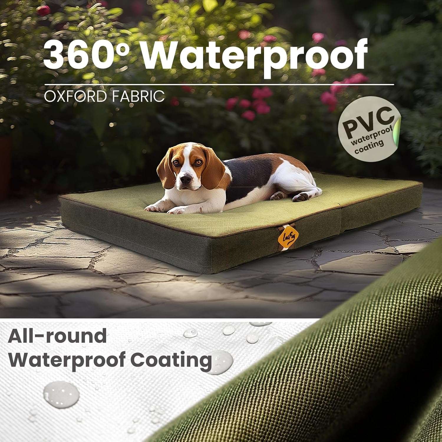 Cama plegable impermeable para perro con soporte ortopédico de 9 cm. Portátil y con funda de tela Oxford.