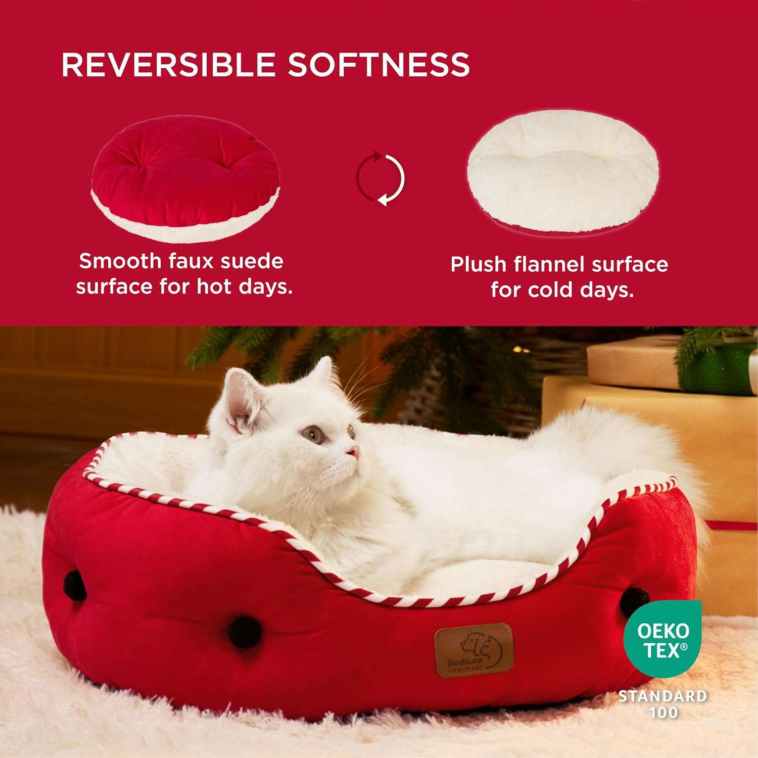 Cama redonda de felpa Sherpa para perros y gatos. Diseño navideño, lavable a máquina y con paredes reforzadas para soporte articular.