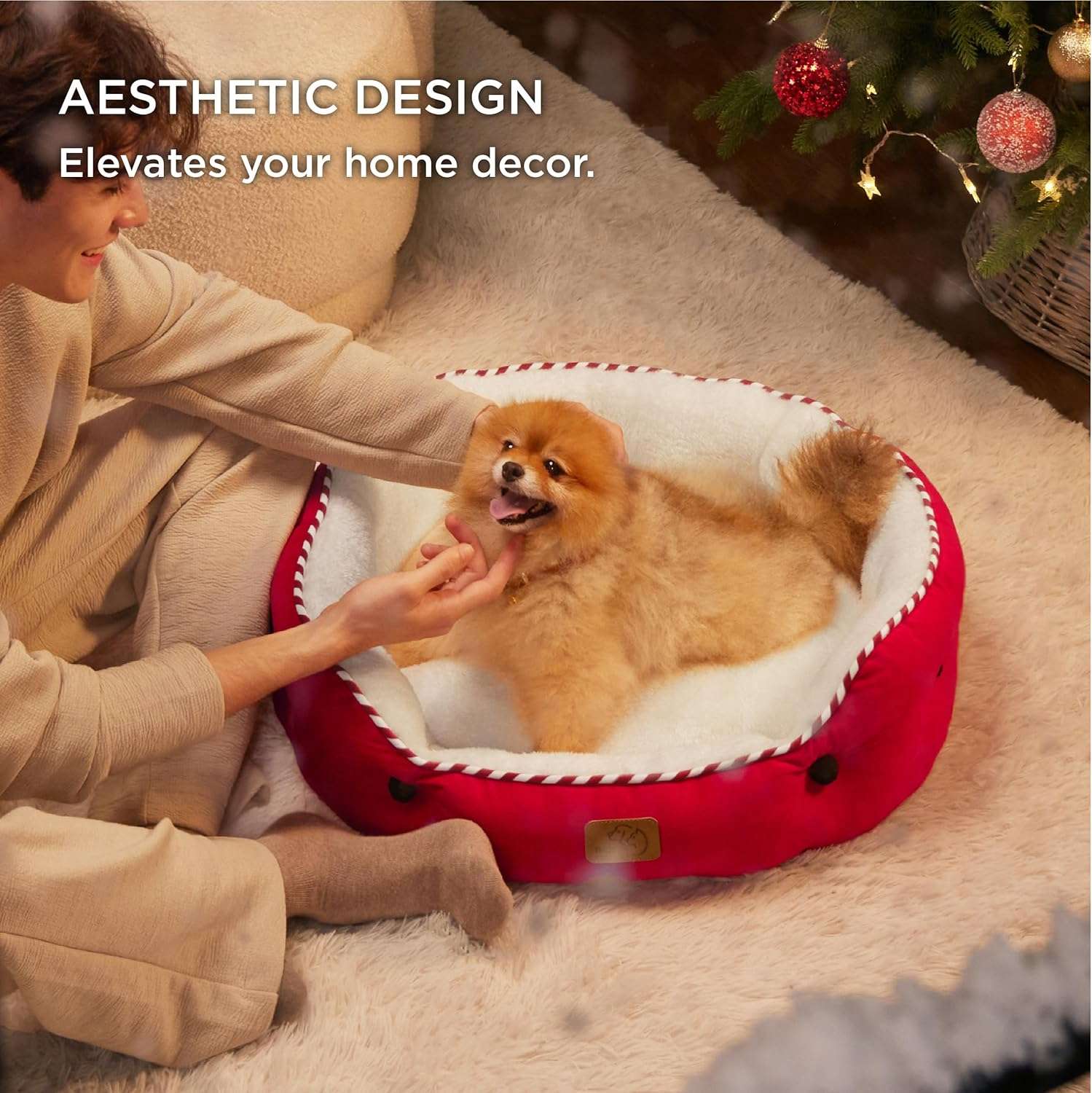 Cama redonda de felpa Sherpa para perros y gatos. Diseño navideño, lavable a máquina y con paredes reforzadas para soporte articular.
