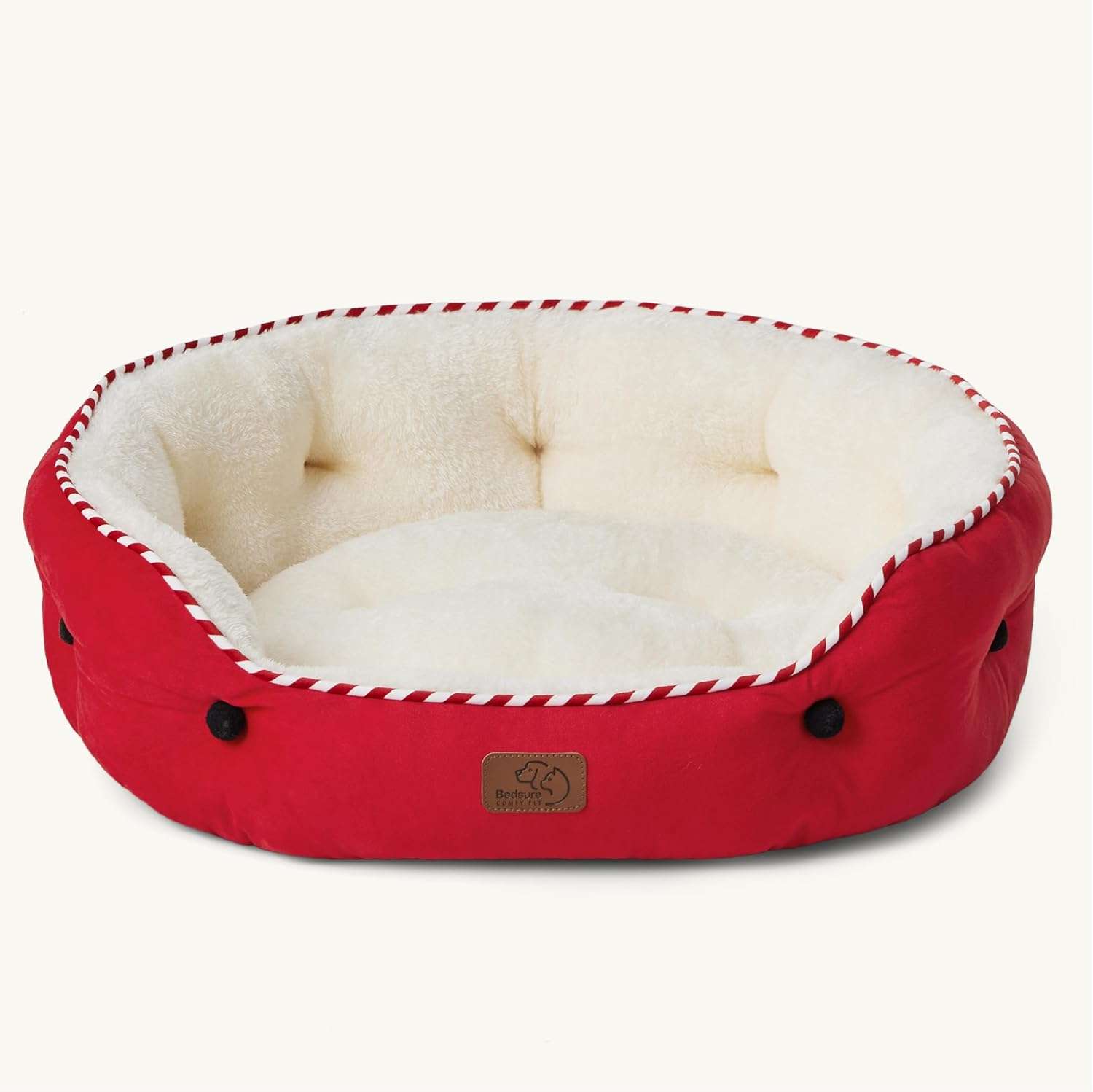 Cama redonda de felpa Sherpa para perros y gatos. Diseño navideño, lavable a máquina y con paredes reforzadas para soporte articular.