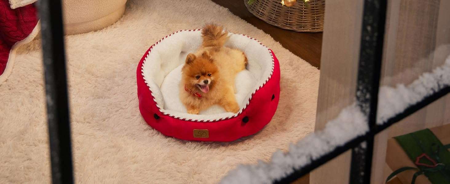 Cama redonda de felpa Sherpa para perros y gatos. Diseño navideño, lavable a máquina y con paredes reforzadas para soporte articular.