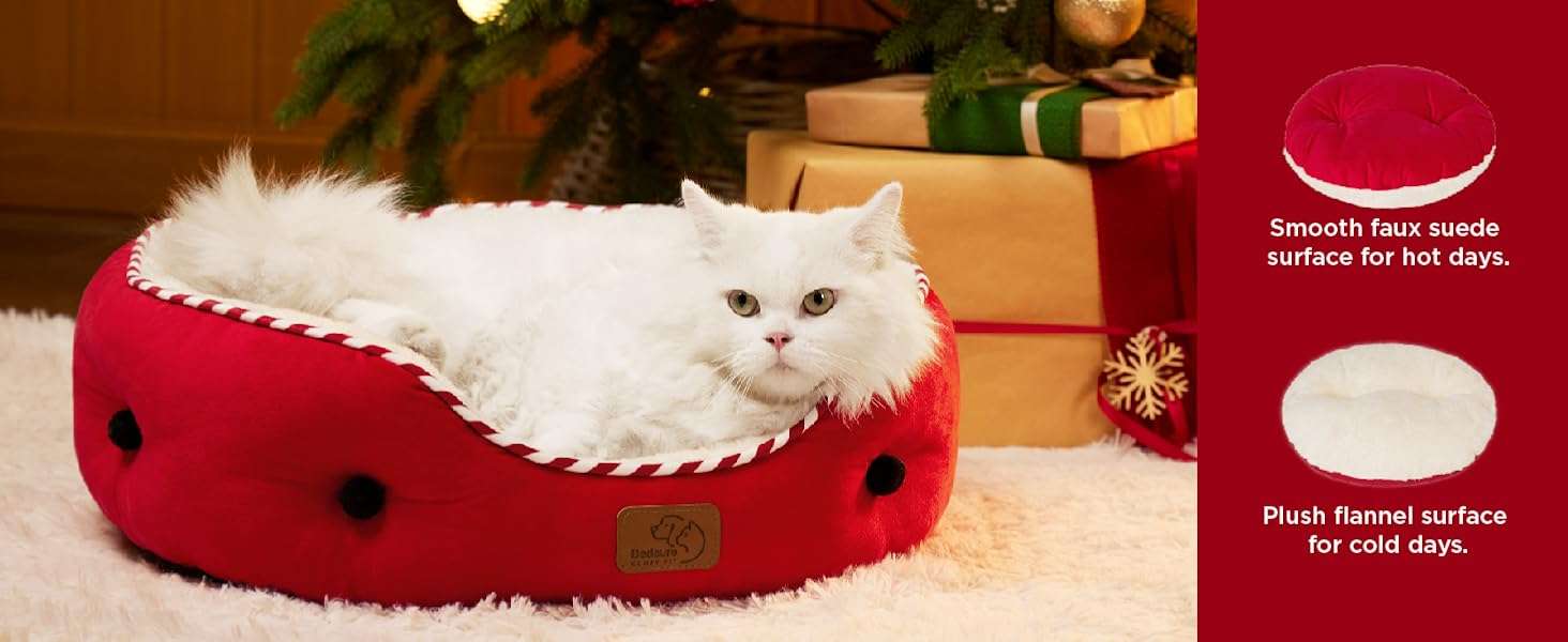 Cama redonda de felpa Sherpa para perros y gatos. Diseño navideño, lavable a máquina y con paredes reforzadas para soporte articular.