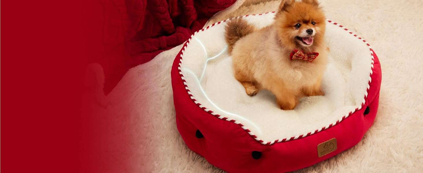 Cama redonda de felpa Sherpa para perros y gatos. Diseño navideño, lavable a máquina y con paredes reforzadas para soporte articular.