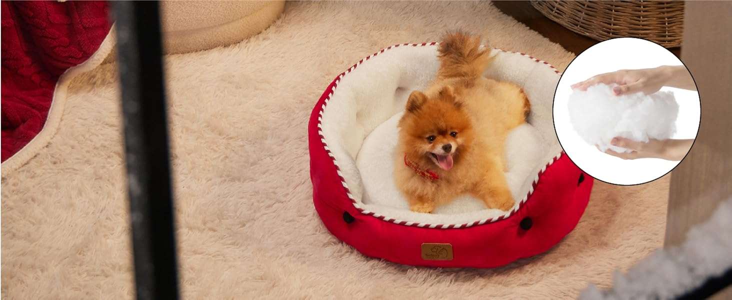 Cama redonda de felpa Sherpa para perros y gatos. Diseño navideño, lavable a máquina y con paredes reforzadas para soporte articular.