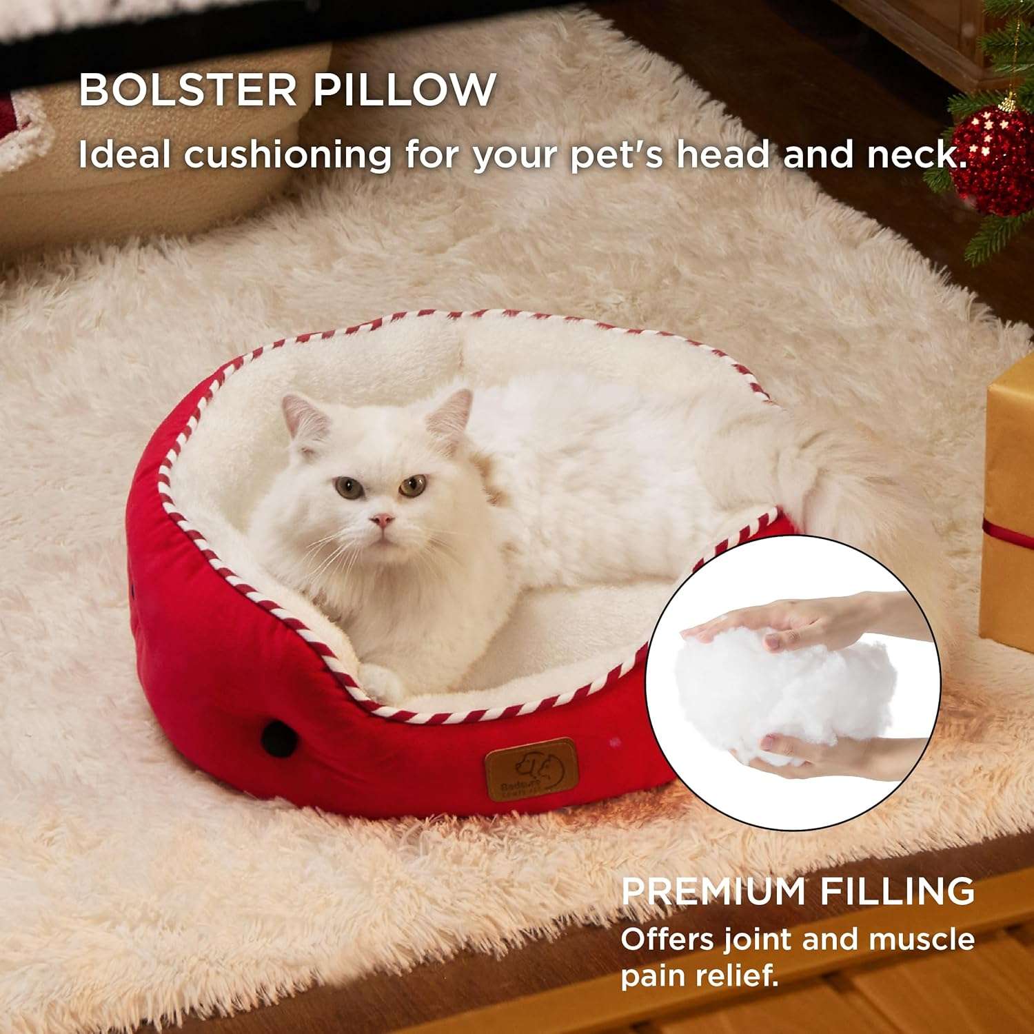 Cama redonda de felpa Sherpa para perros y gatos. Diseño navideño, lavable a máquina y con paredes reforzadas para soporte articular.