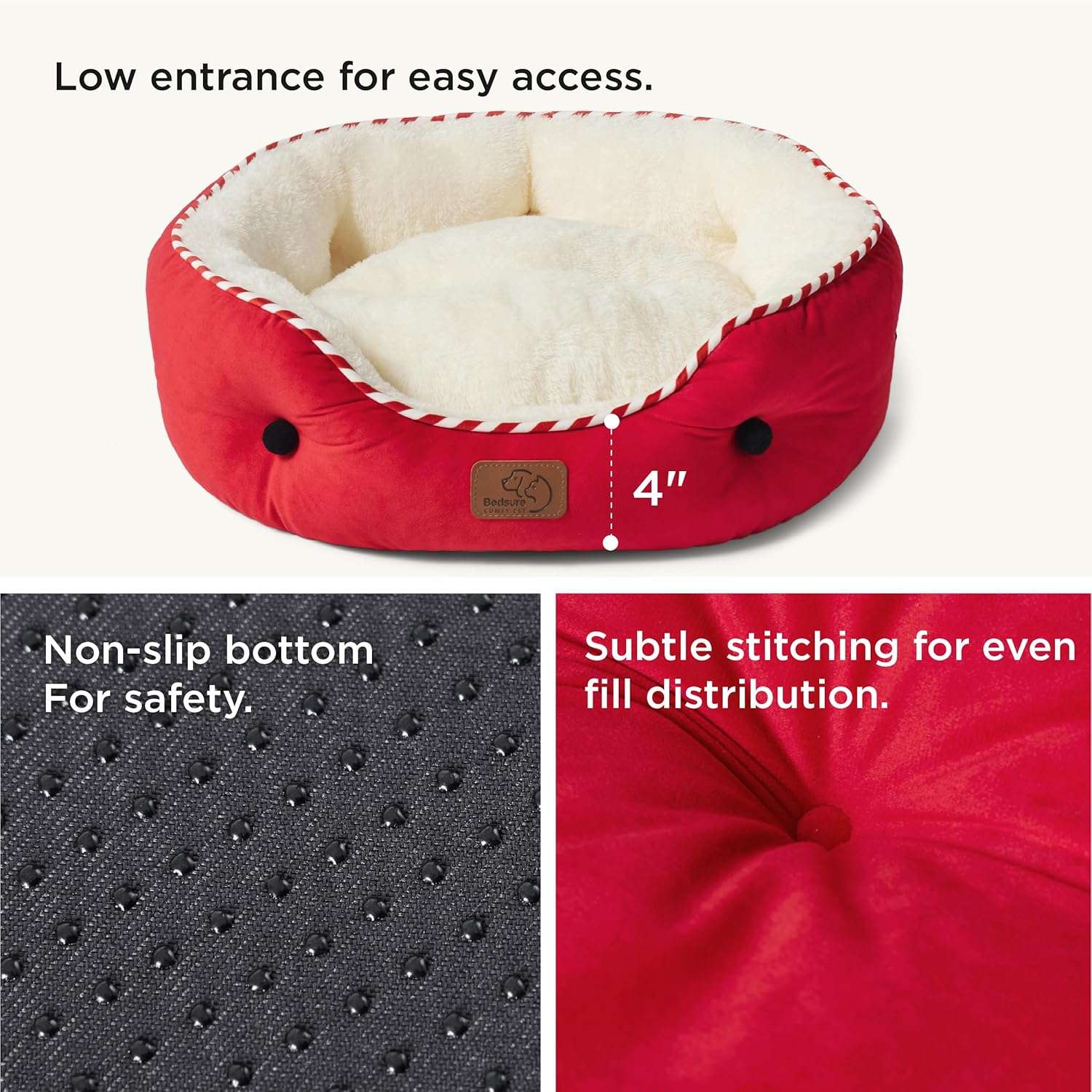 Cama redonda de felpa Sherpa para perros y gatos. Diseño navideño, lavable a máquina y con paredes reforzadas para soporte articular.