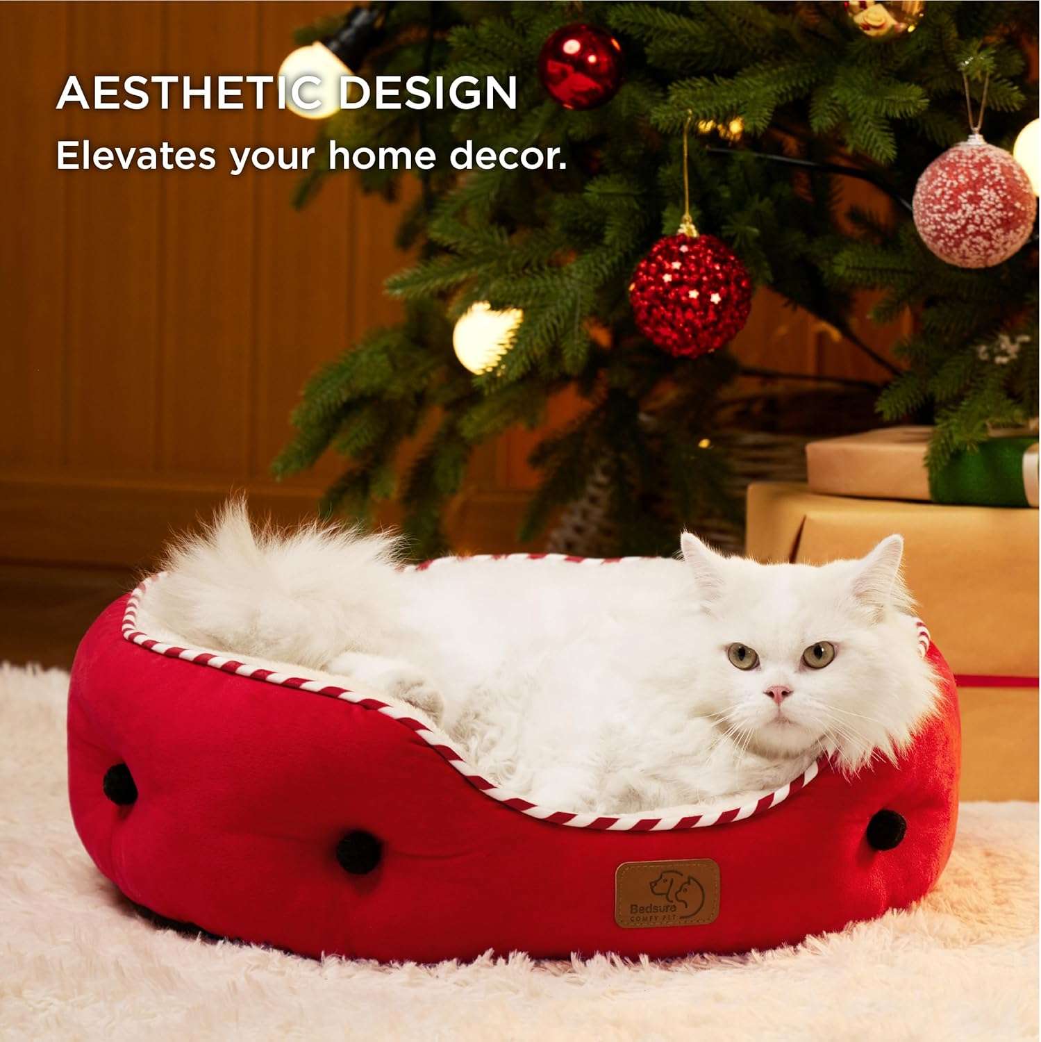 Cama redonda de felpa Sherpa para perros y gatos. Diseño navideño, lavable a máquina y con paredes reforzadas para soporte articular.