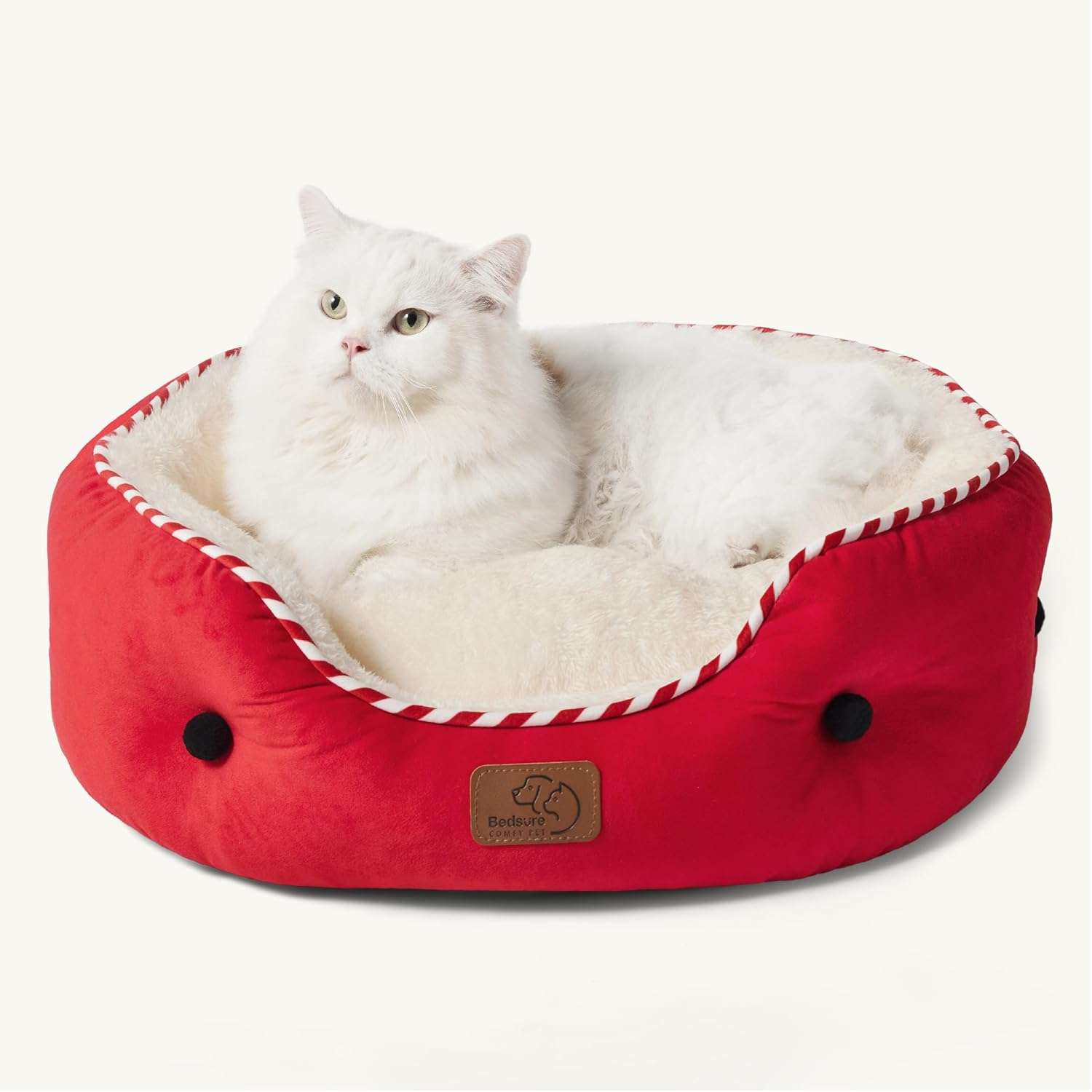 Cama redonda de felpa Sherpa para perros y gatos. Diseño navideño, lavable a máquina y con paredes reforzadas para soporte articular.