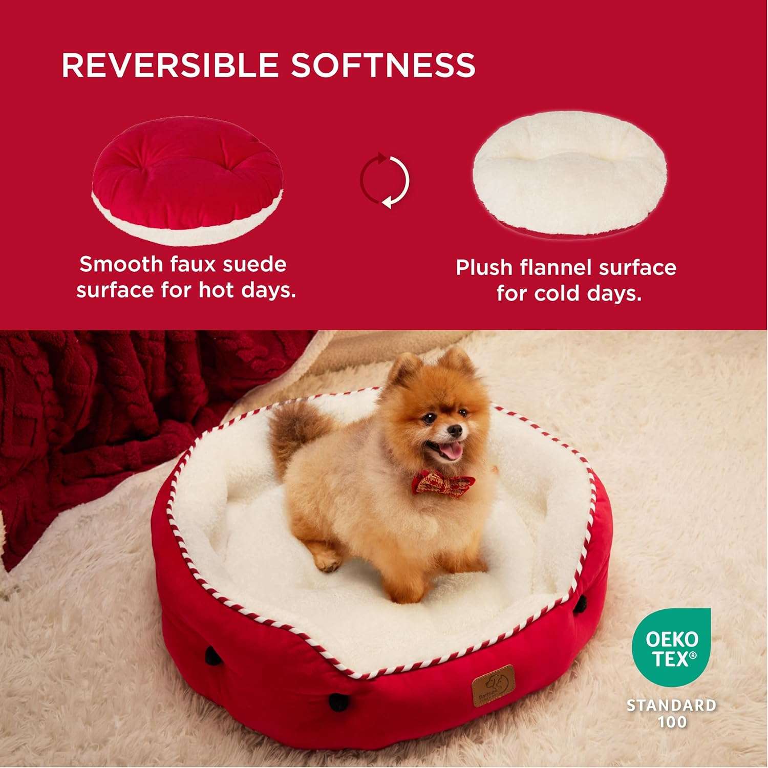 Cama redonda de felpa Sherpa para perros y gatos. Diseño navideño, lavable a máquina y con paredes reforzadas para soporte articular.