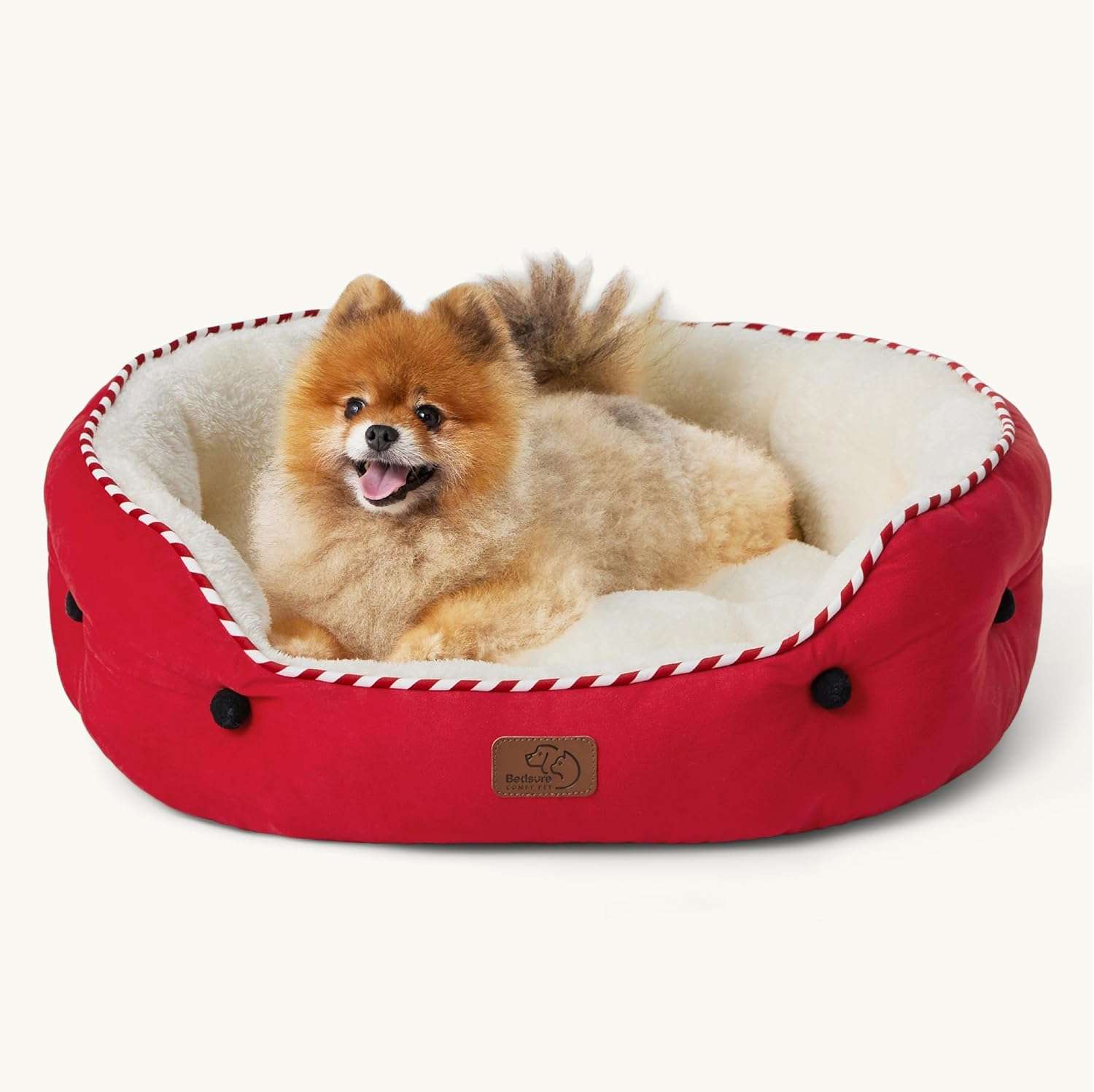 Cama redonda de felpa Sherpa para perros y gatos. Diseño navideño, lavable a máquina y con paredes reforzadas para soporte articular.