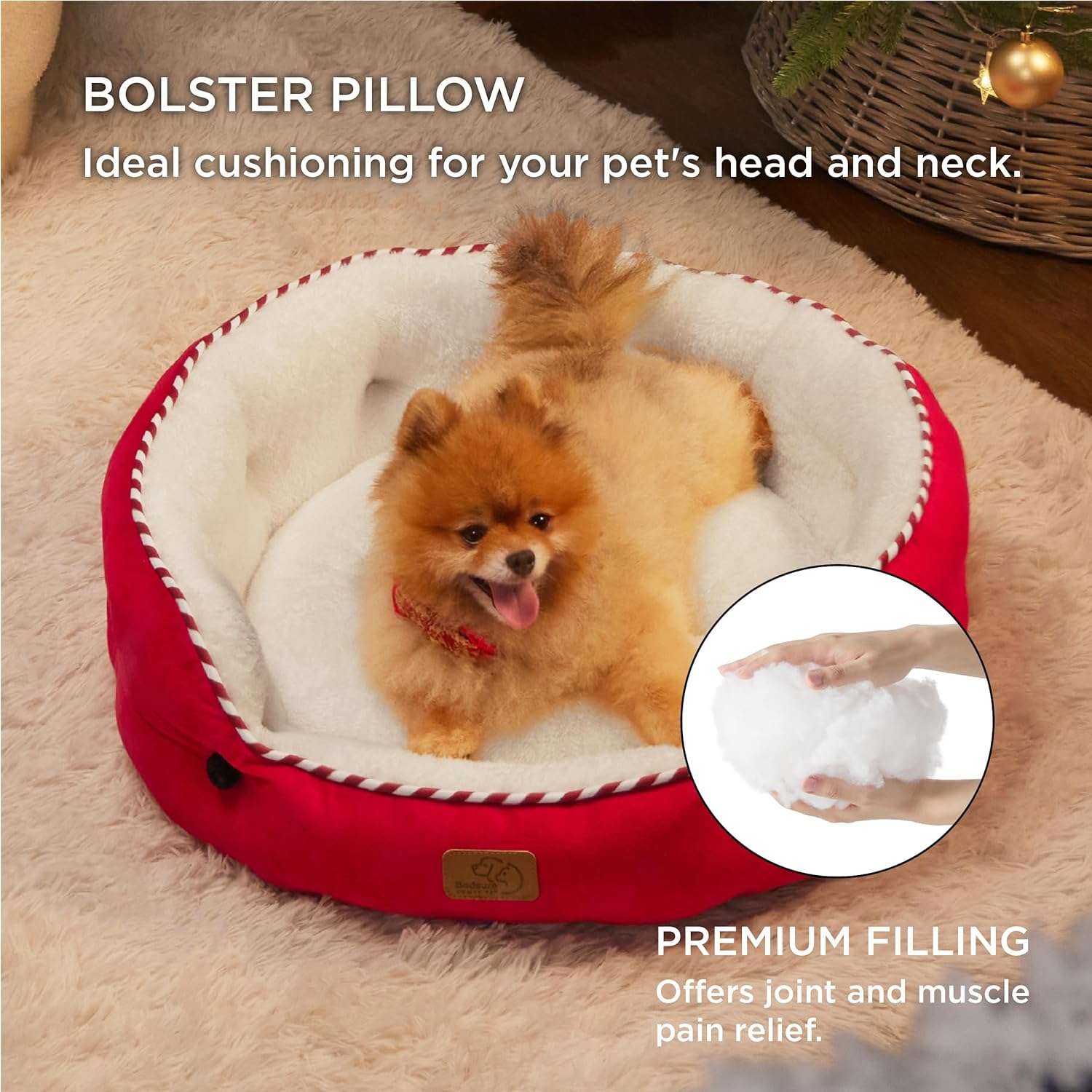 Cama redonda de felpa Sherpa para perros y gatos. Diseño navideño, lavable a máquina y con paredes reforzadas para soporte articular.