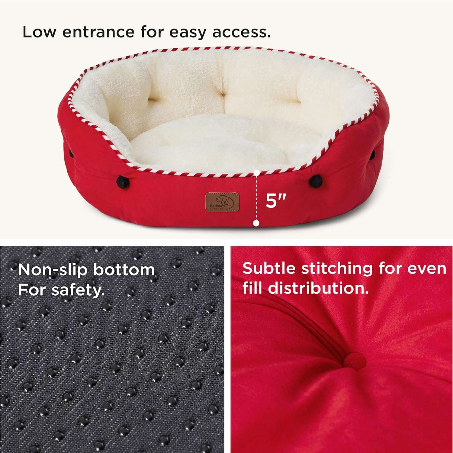 Cama redonda de felpa Sherpa para perros y gatos. Diseño navideño, lavable a máquina y con paredes reforzadas para soporte articular.