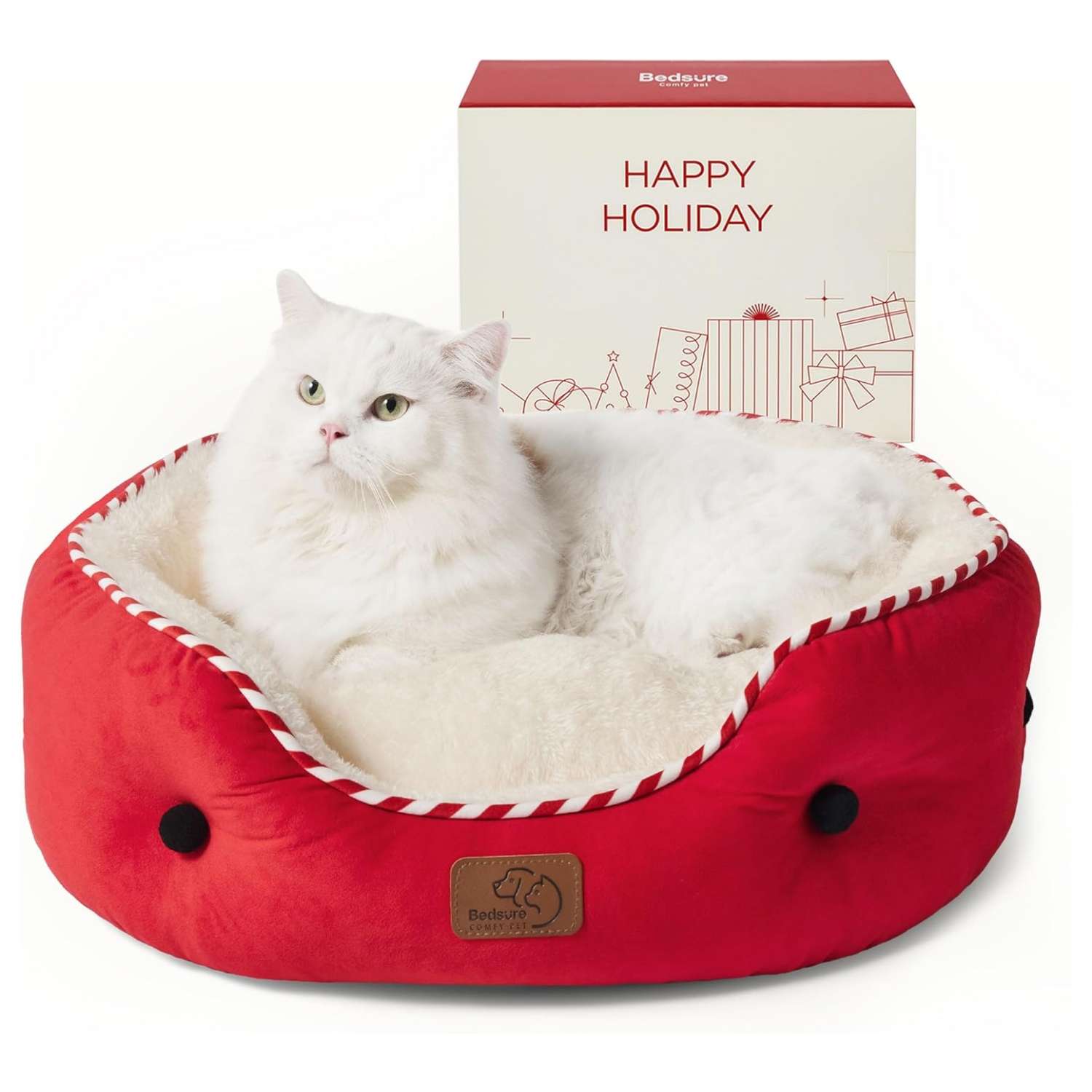 Cama redonda de felpa Sherpa para perros y gatos. Diseño navideño, lavable a máquina y con paredes reforzadas para soporte articular.