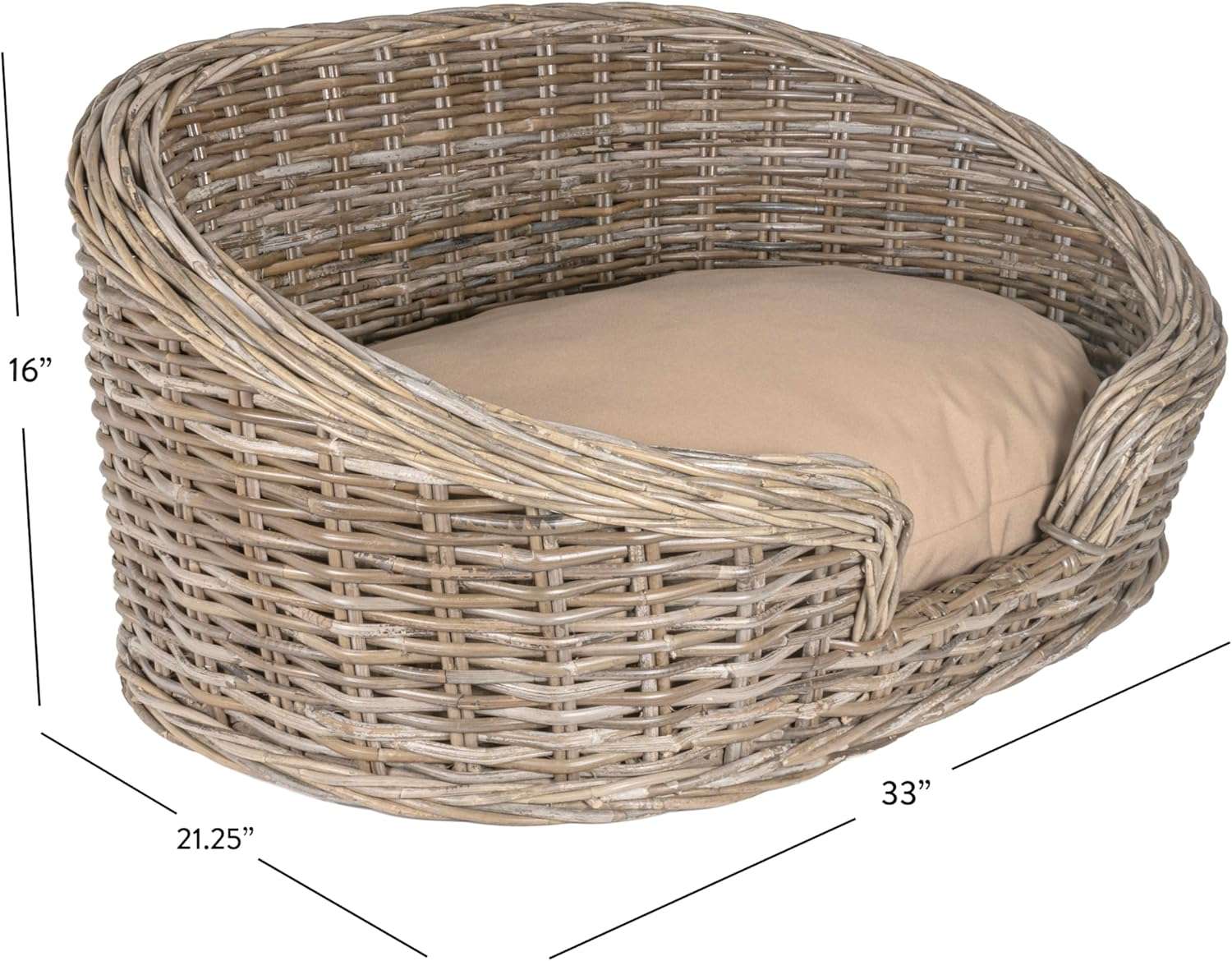 Cama de ratán Kubu color gris con cojín beige. Diseño de lujo estilo costa para perros de menos de 15 kg.