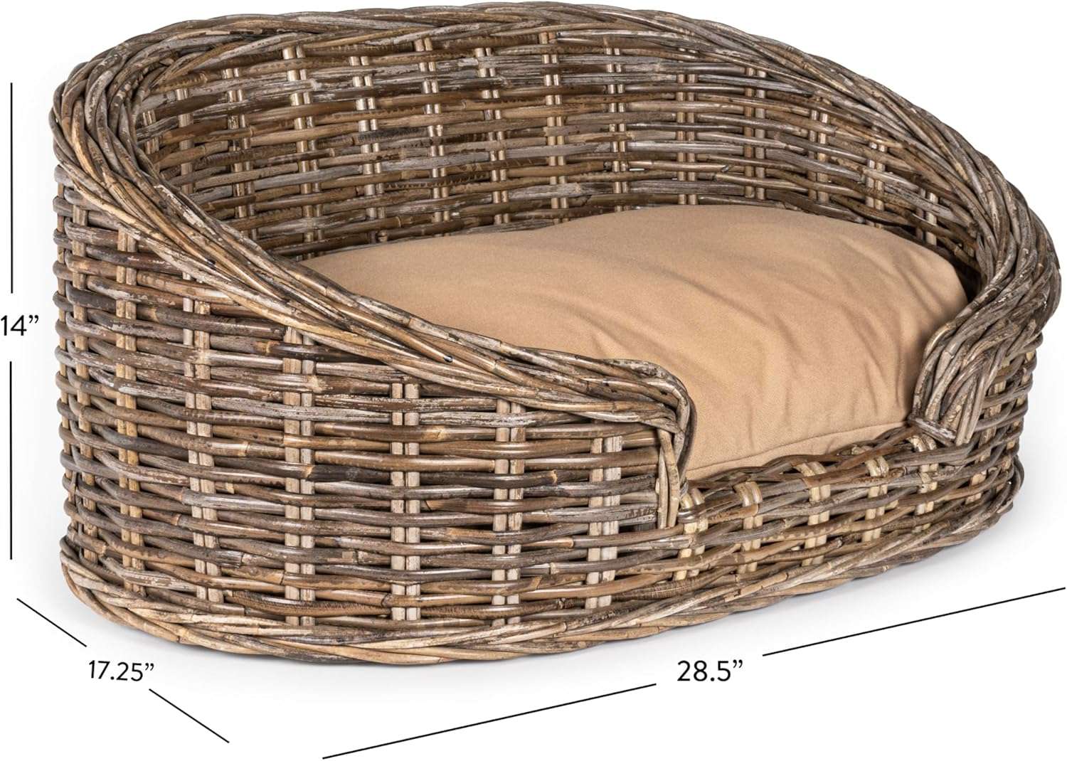Cama de ratán Kubu color gris con cojín beige. Diseño de lujo estilo costa para perros de menos de 15 kg.