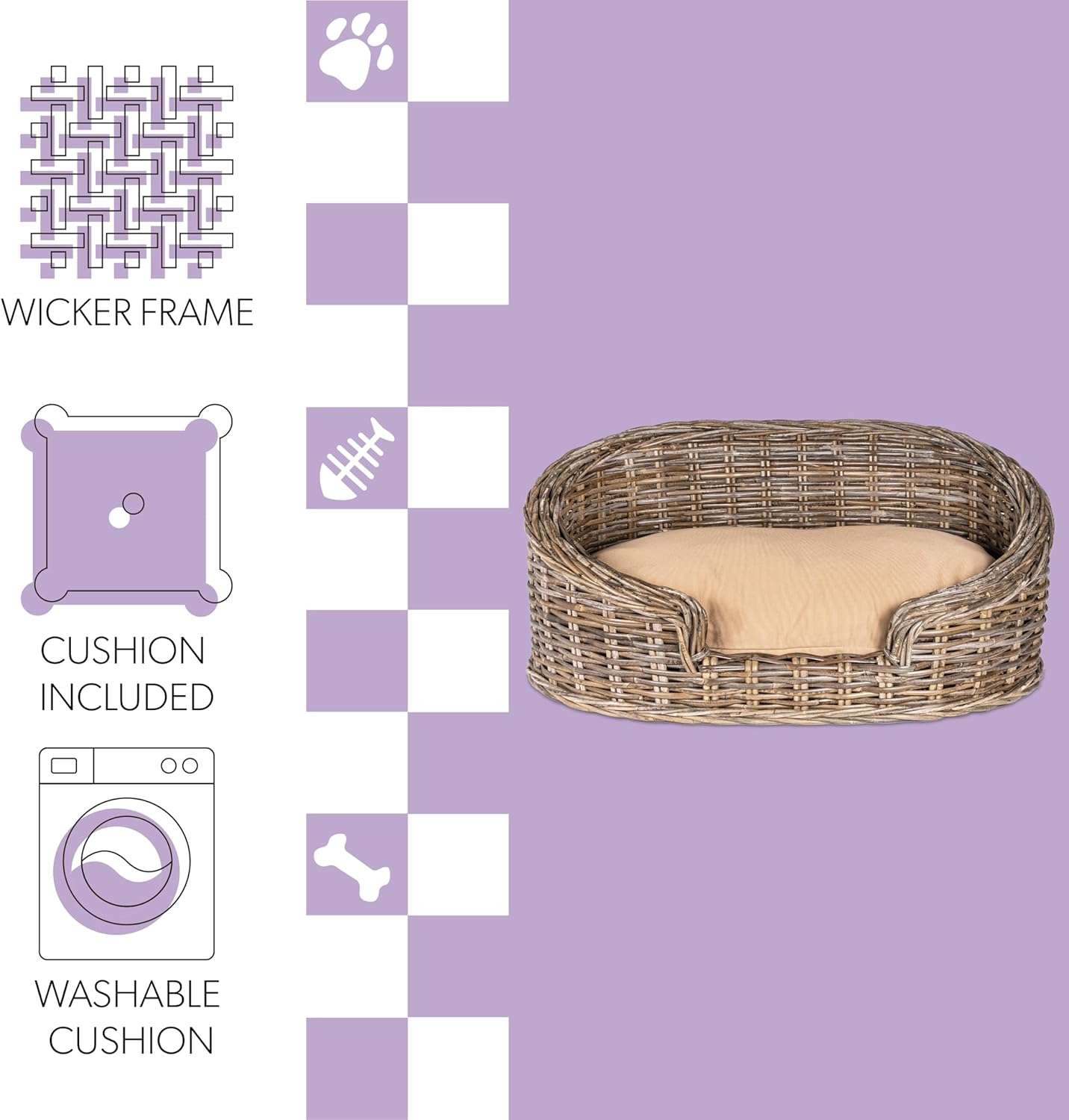 Cama de ratán Kubu color gris con cojín beige. Diseño de lujo estilo costa para perros de menos de 15 kg.