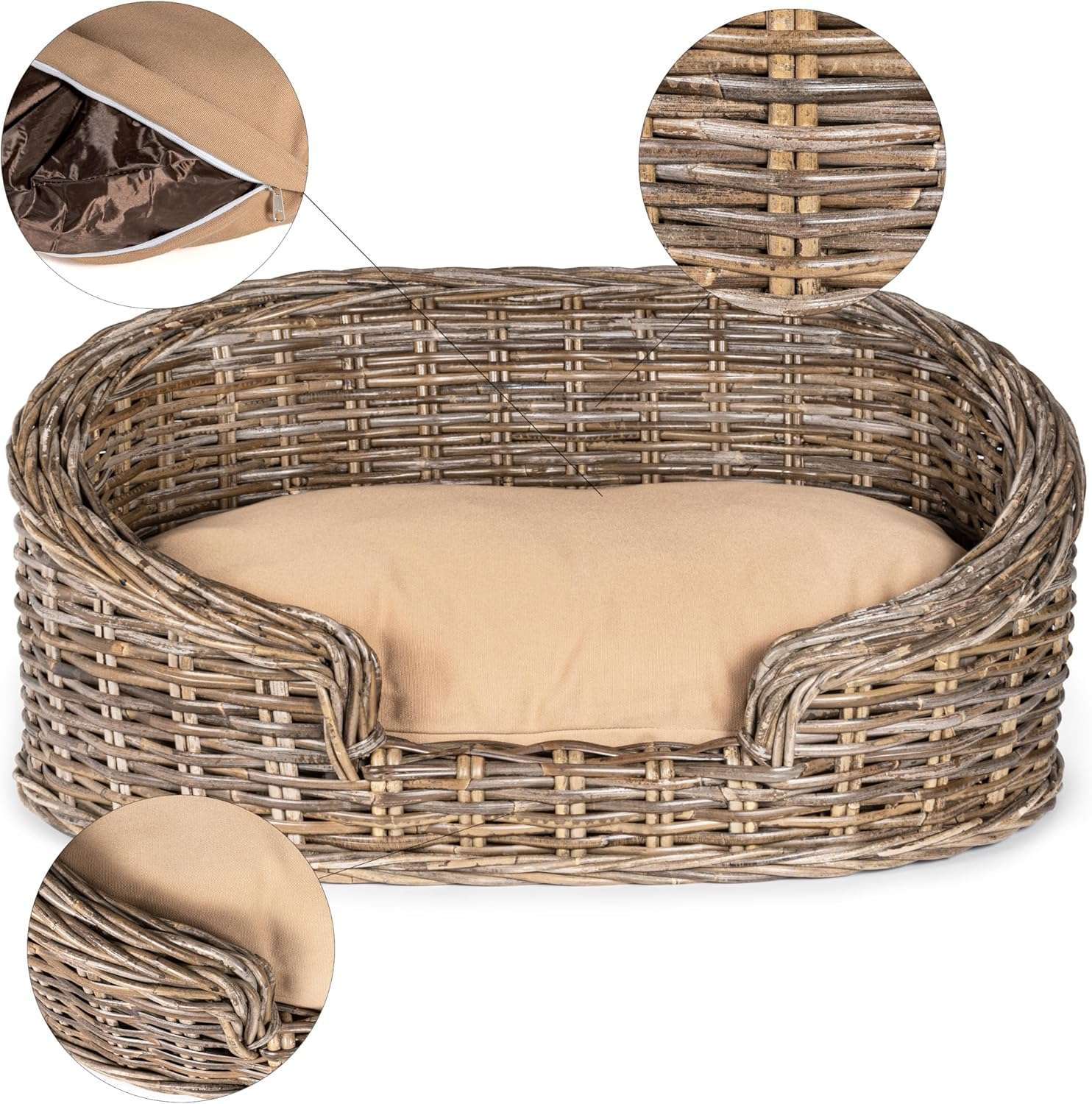 Cama de ratán Kubu color gris con cojín beige. Diseño de lujo estilo costa para perros de menos de 15 kg.