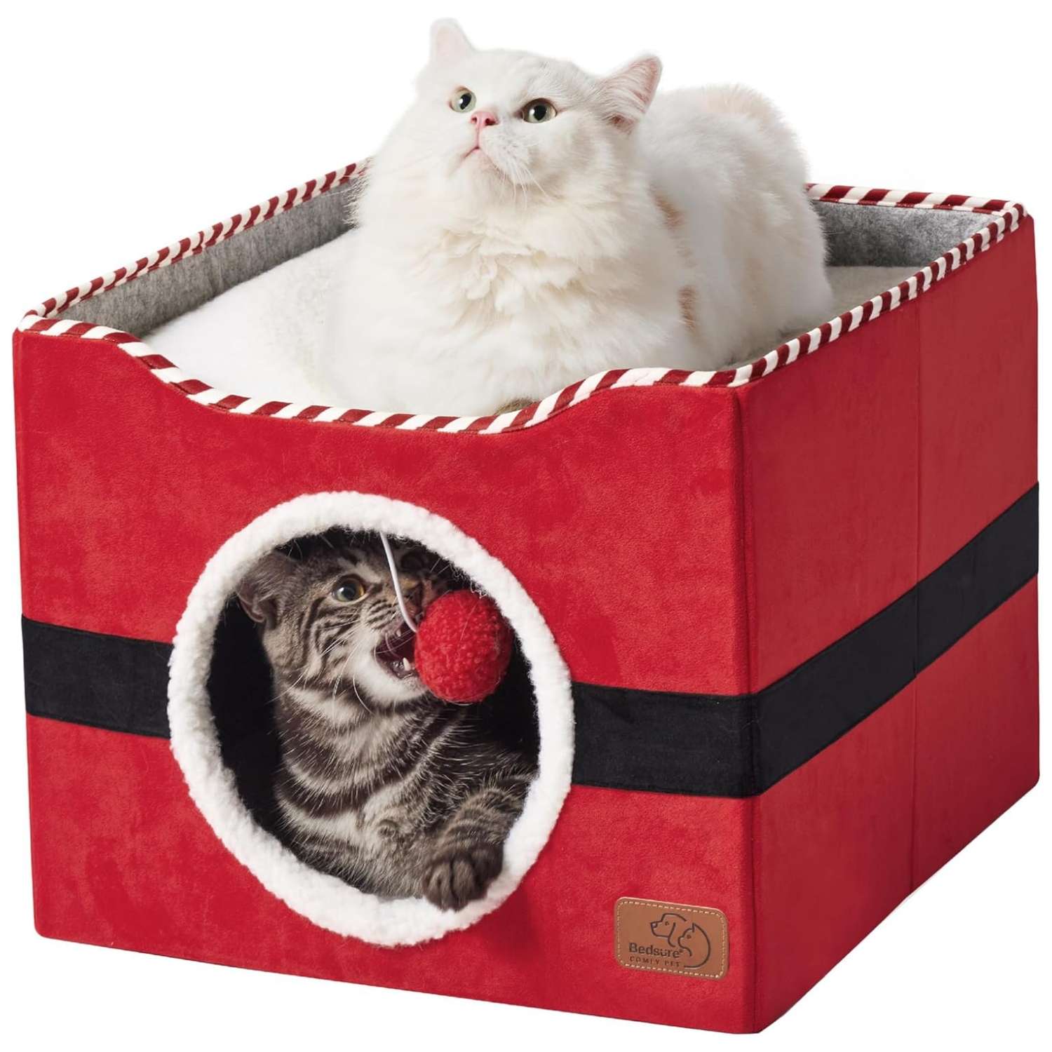 Casa cueva 2 en 1 de 42x42x33 cm para gatos. Diseño navideño, plataforma superior y estructura plegable de MDF.