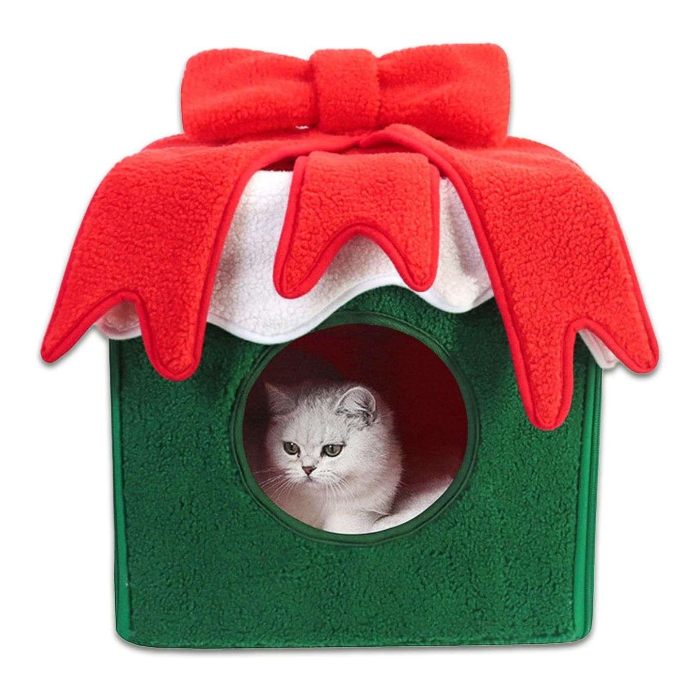 Casa cueva de Navidad para gatos con diseño de caja de regalo (32x32x32 cm). Hecha de terciopelo suave y cálido. Fácil de montar.