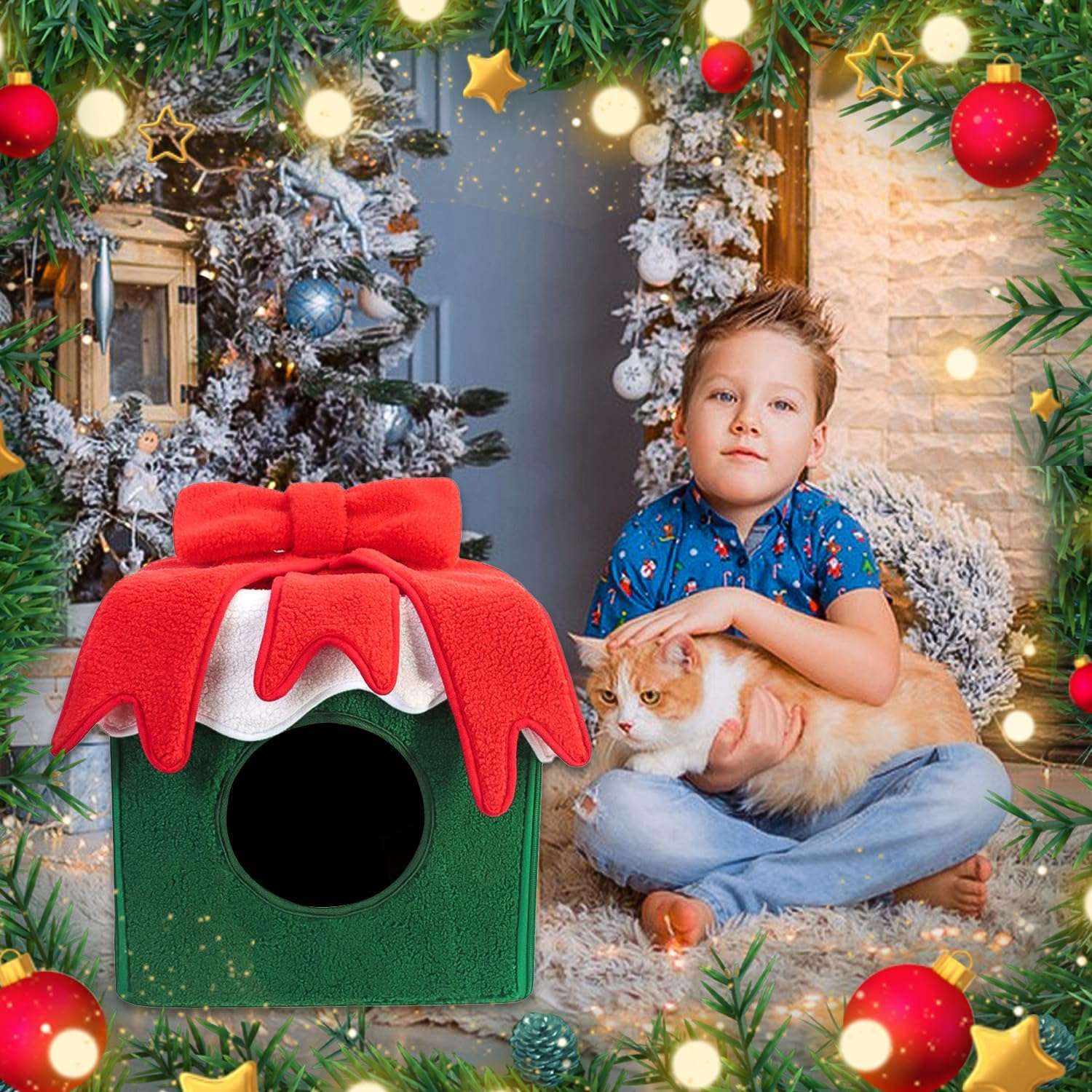 Casa cueva de Navidad para gatos con diseño de caja de regalo (32x32x32 cm). Hecha de terciopelo suave y cálido. Fácil de montar.