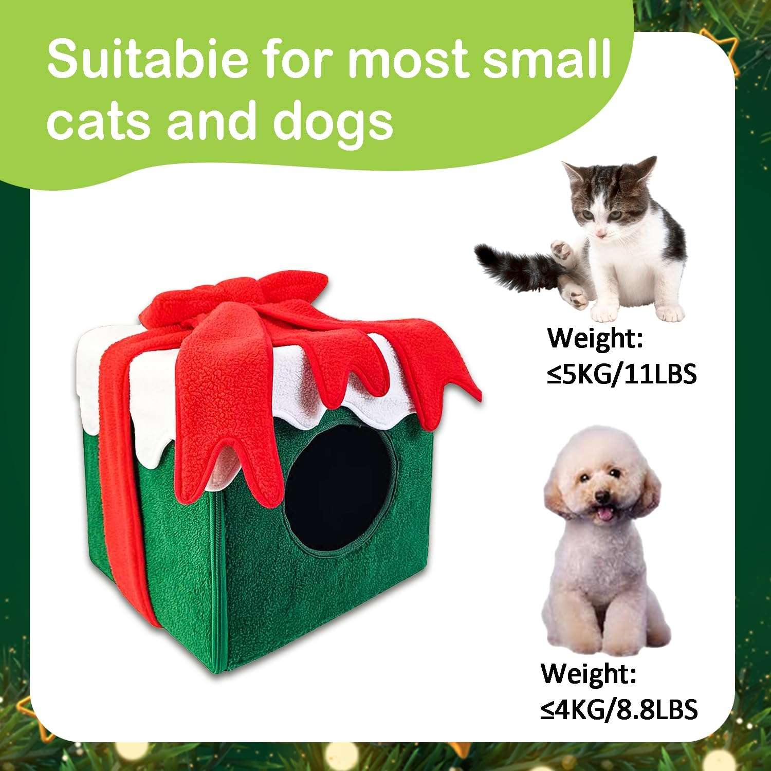 Casa cueva de Navidad para gatos con diseño de caja de regalo (32x32x32 cm). Hecha de terciopelo suave y cálido. Fácil de montar.