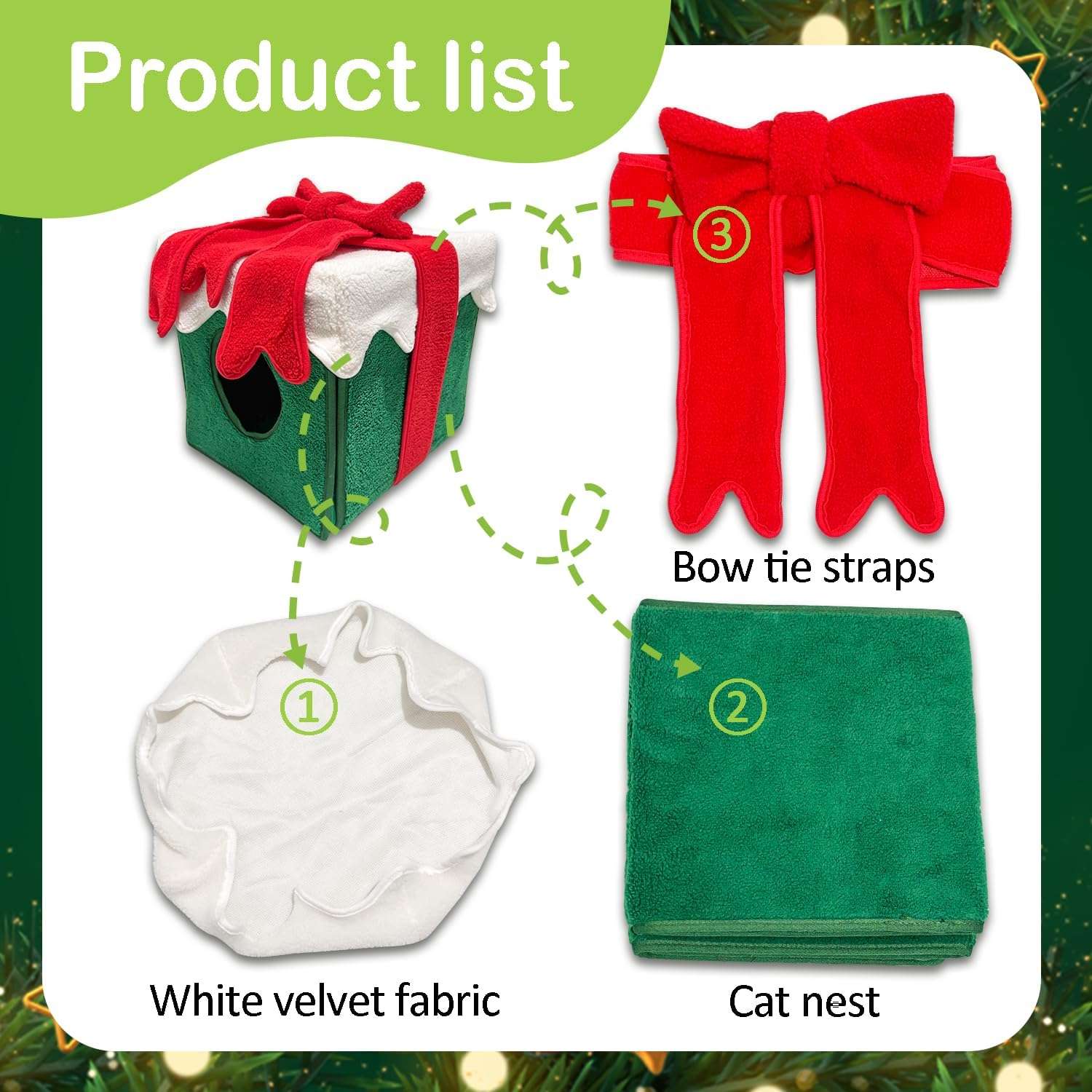 Casa cueva de Navidad para gatos con diseño de caja de regalo (32x32x32 cm). Hecha de terciopelo suave y cálido. Fácil de montar.