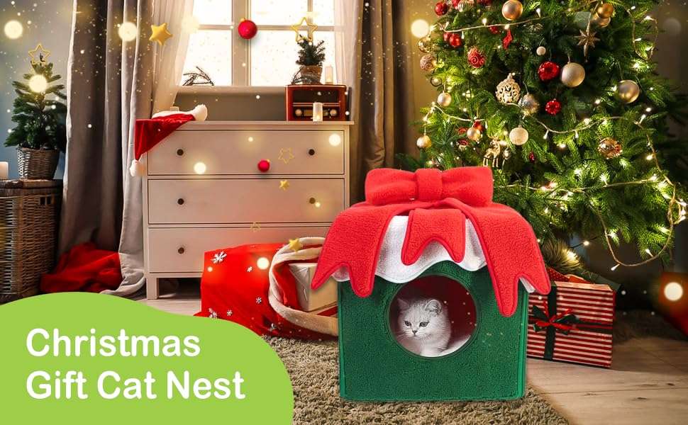 Casa cueva de Navidad para gatos con diseño de caja de regalo (32x32x32 cm). Hecha de terciopelo suave y cálido. Fácil de montar.