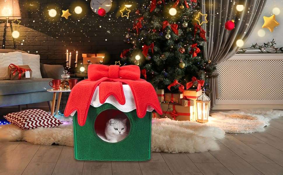 Casa cueva de Navidad para gatos con diseño de caja de regalo (32x32x32 cm). Hecha de terciopelo suave y cálido. Fácil de montar.