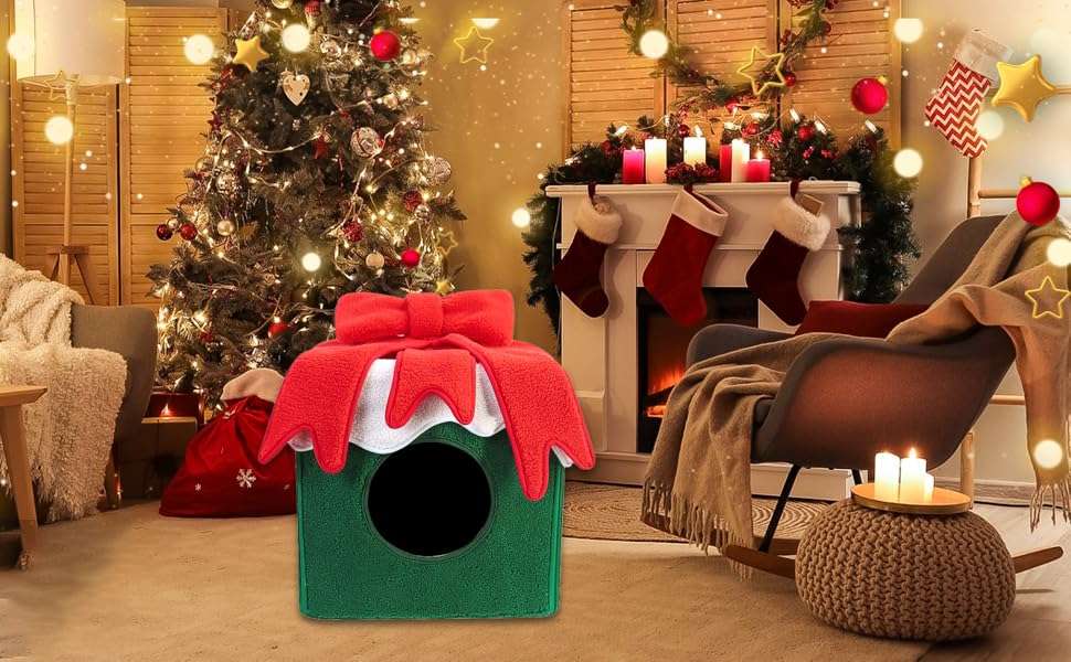 Casa cueva de Navidad para gatos con diseño de caja de regalo (32x32x32 cm). Hecha de terciopelo suave y cálido. Fácil de montar.