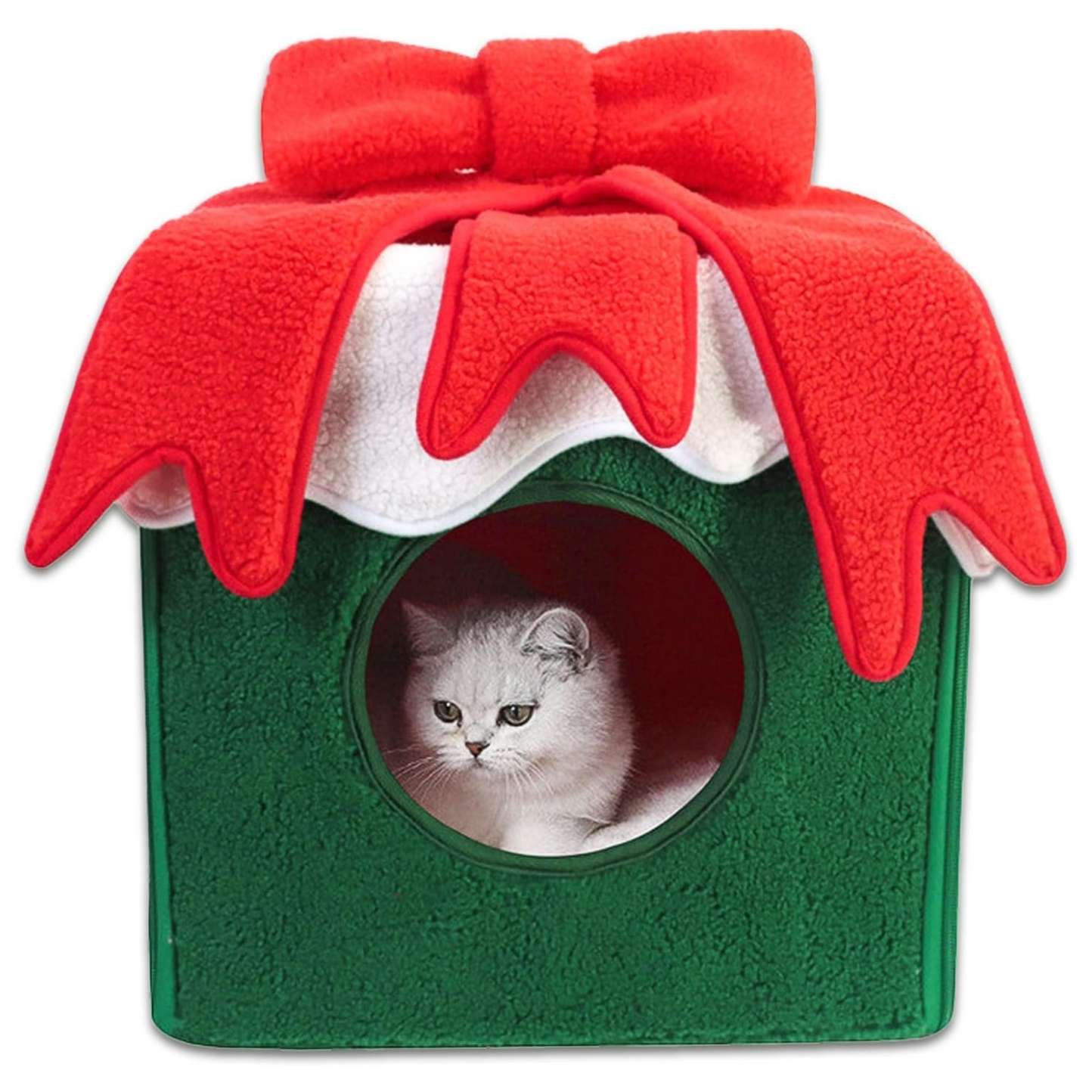 Casa cueva de Navidad para gatos con diseño de caja de regalo (32x32x32 cm). Hecha de terciopelo suave y cálido. Fácil de montar.