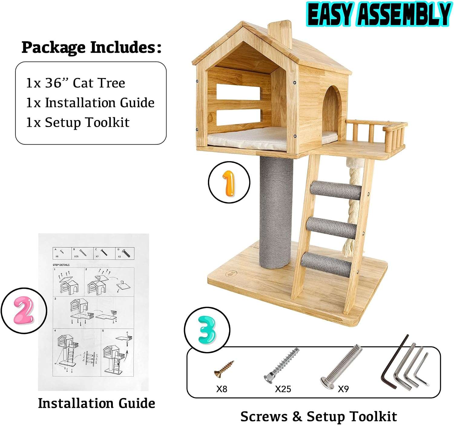 Casa de madera para gatos con rascador de sisal y acabado impermeable. Mueble de madera de goma tailandesa resistente y facil de limpiar.